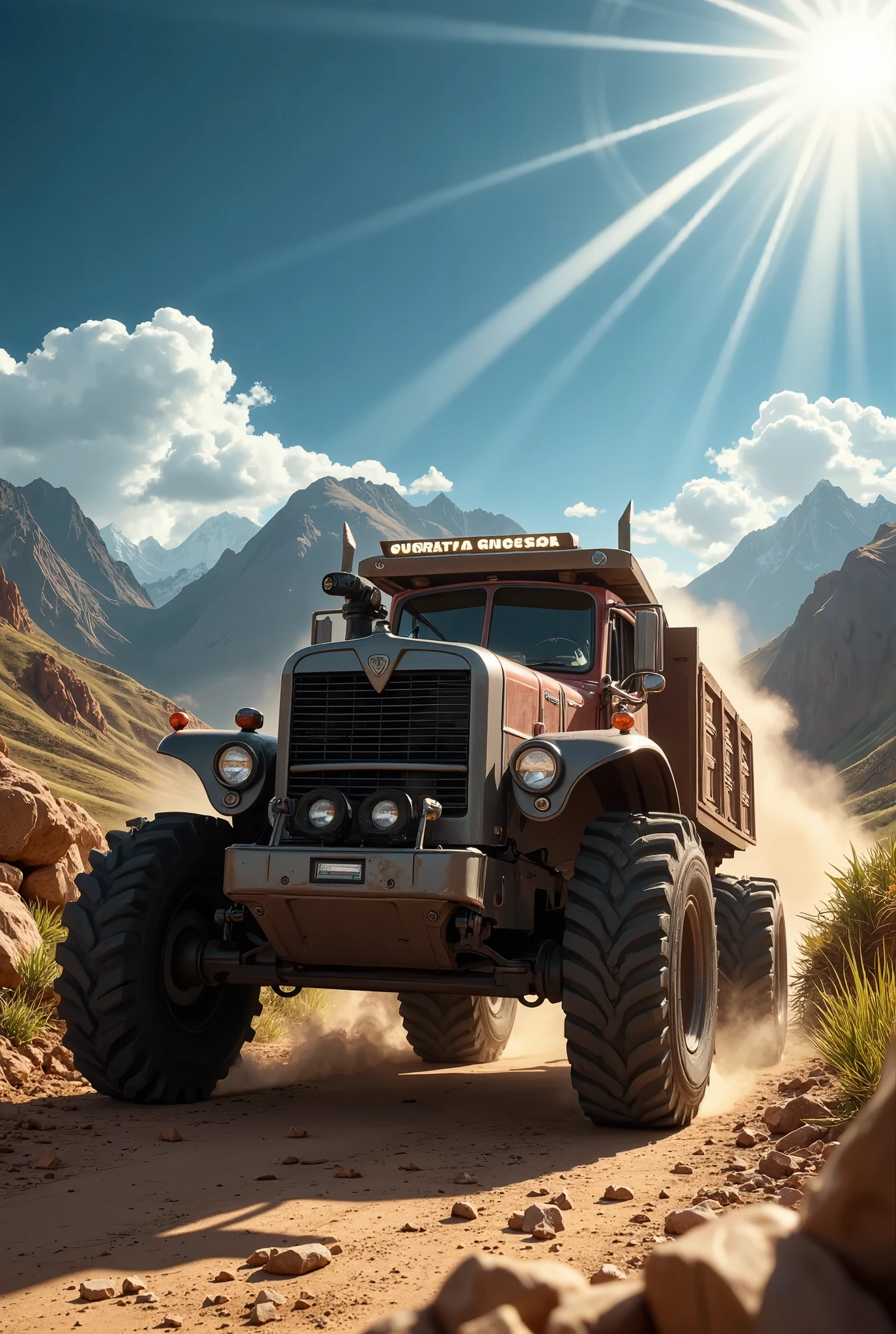 a breathtaking, photorealistic 8K image of a heavy machinery truck participating in a thrilling rally race through a stunning landscape. Inspired by the dynamic style of automotive photographers like Larry Chen and the grand natural scenery of Ansel Adams, the scene should capture the raw power and speed of the truck against the beauty of nature. The truck, rugged and imposing, kicks up dust and debris, with visible tire tracks cutting through the dirt road. The environment around the truck must be heavily impacted by its presence, with dust clouds swirling and rocks flying from beneath its massive tires.

The landscape surrounding the truck features rolling hills, lush green fields, and distant mountains under a bright blue sky. Sunlight filters through the dust, creating beams of light that add depth and intensity to the scene. The movement of the truck should be emphasized with blurred motion lines from the spinning wheels and dust trails, contrasting with the sharp details of the truck’s massive structure.

Use a Canon EOS R5 with a Canon RF 70-200mm f/2.8L lens to capture every intricate detail of the scene, from the rugged textures of the truck’s body to the fine particles of dust in the air. The camera angle should be slightly low and to the side, giving the viewer a close-up action shot that highlights the truck’s power while still framing the expansive landscape in the background. The image should evoke a sense of adrenaline and motion, blending the raw intensity of the race with the serene beauty of the natural world.