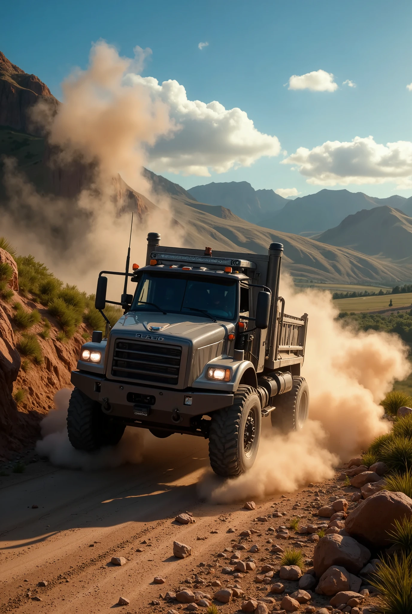 a breathtaking, photorealistic 8K image of a heavy machinery truck participating in a thrilling rally race through a stunning landscape. Inspired by the dynamic style of automotive photographers like Larry Chen and the grand natural scenery of Ansel Adams, the scene should capture the raw power and speed of the truck against the beauty of nature. The truck, rugged and imposing, kicks up dust and debris, with visible tire tracks cutting through the dirt road. The environment around the truck must be heavily impacted by its presence, with dust clouds swirling and rocks flying from beneath its massive tires.

The landscape surrounding the truck features rolling hills, lush green fields, and distant mountains under a bright blue sky. Sunlight filters through the dust, creating beams of light that add depth and intensity to the scene. The movement of the truck should be emphasized with blurred motion lines from the spinning wheels and dust trails, contrasting with the sharp details of the truck’s massive structure.

Use a Canon EOS R5 with a Canon RF 70-200mm f/2.8L lens to capture every intricate detail of the scene, from the rugged textures of the truck’s body to the fine particles of dust in the air. The camera angle should be slightly low and to the side, giving the viewer a close-up action shot that highlights the truck’s power while still framing the expansive landscape in the background. The image should evoke a sense of adrenaline and motion, blending the raw intensity of the race with the serene beauty of the natural world.