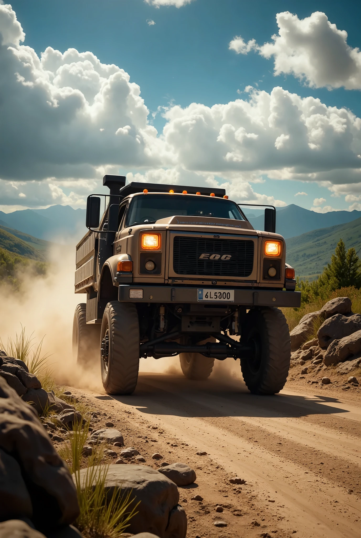 a breathtaking, photorealistic 8K image of a heavy machinery truck participating in a thrilling rally race through a stunning landscape. Inspired by the dynamic style of automotive photographers like Larry Chen and the grand natural scenery of Ansel Adams, the scene should capture the raw power and speed of the truck against the beauty of nature. The truck, rugged and imposing, kicks up dust and debris, with visible tire tracks cutting through the dirt road. The environment around the truck must be heavily impacted by its presence, with dust clouds swirling and rocks flying from beneath its massive tires.

The landscape surrounding the truck features rolling hills, lush green fields, and distant mountains under a bright blue sky. Sunlight filters through the dust, creating beams of light that add depth and intensity to the scene. The movement of the truck should be emphasized with blurred motion lines from the spinning wheels and dust trails, contrasting with the sharp details of the truck’s massive structure.

Use a Canon EOS R5 with a Canon RF 70-200mm f/2.8L lens to capture every intricate detail of the scene, from the rugged textures of the truck’s body to the fine particles of dust in the air. The camera angle should be slightly low and to the side, giving the viewer a close-up action shot that highlights the truck’s power while still framing the expansive landscape in the background. The image should evoke a sense of adrenaline and motion, blending the raw intensity of the race with the serene beauty of the natural world.