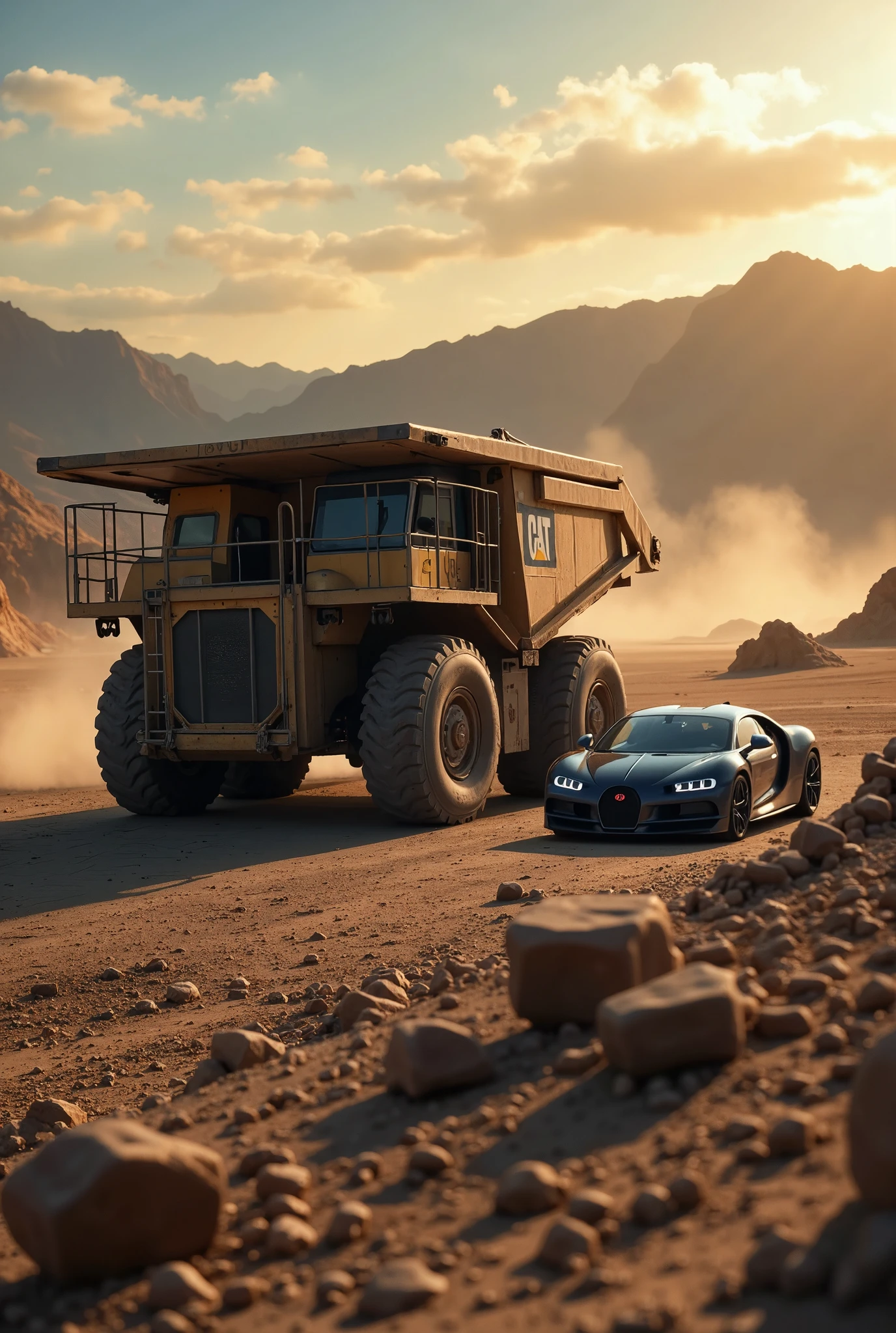 a breathtaking, photorealistic 8K image showcasing the contrast between the Caterpillar 797 mining truck, the heaviest mass-produced heavy machinery, and the Bugatti Chiron 300+, the most expensive mass-produced car, side by side in a vast, open landscape. Inspired by the hyperrealistic automotive photography of Larry Chen and the grand scale landscapes of Ansel Adams, the image highlights the immense size of the Caterpillar truck towering over the sleek, luxurious Bugatti. The truck’s massive wheels dwarf the Bugatti’s aerodynamic form, emphasizing the sheer difference in scale and purpose between the two.

The setting is a rugged, desert-like environment, with the warm glow of a setting sun casting long shadows across the scene. Dust from the mining truck gently lifts into the air, while the Bugatti’s sleek body reflects the golden light. The camera angle should be from a low, wide-angle perspective, capturing both vehicles in their entirety, while allowing the vastness of the desert and distant mountains to frame them beautifully.

For the utmost detail and realism, use a Canon EOS R5 with a Canon RF 15-35mm f/2.8L lens to capture every intricate texture, from the Caterpillar’s worn metal and rugged tires to the Bugatti’s glossy, aerodynamic curves. The composition should highlight the contrast between industrial power and luxury speed, blending the raw, heavy presence of the truck with the sleek, futuristic design of the car. The lighting should evoke a sense of grandeur and serenity, allowing both machines to shine against the dramatic backdrop.