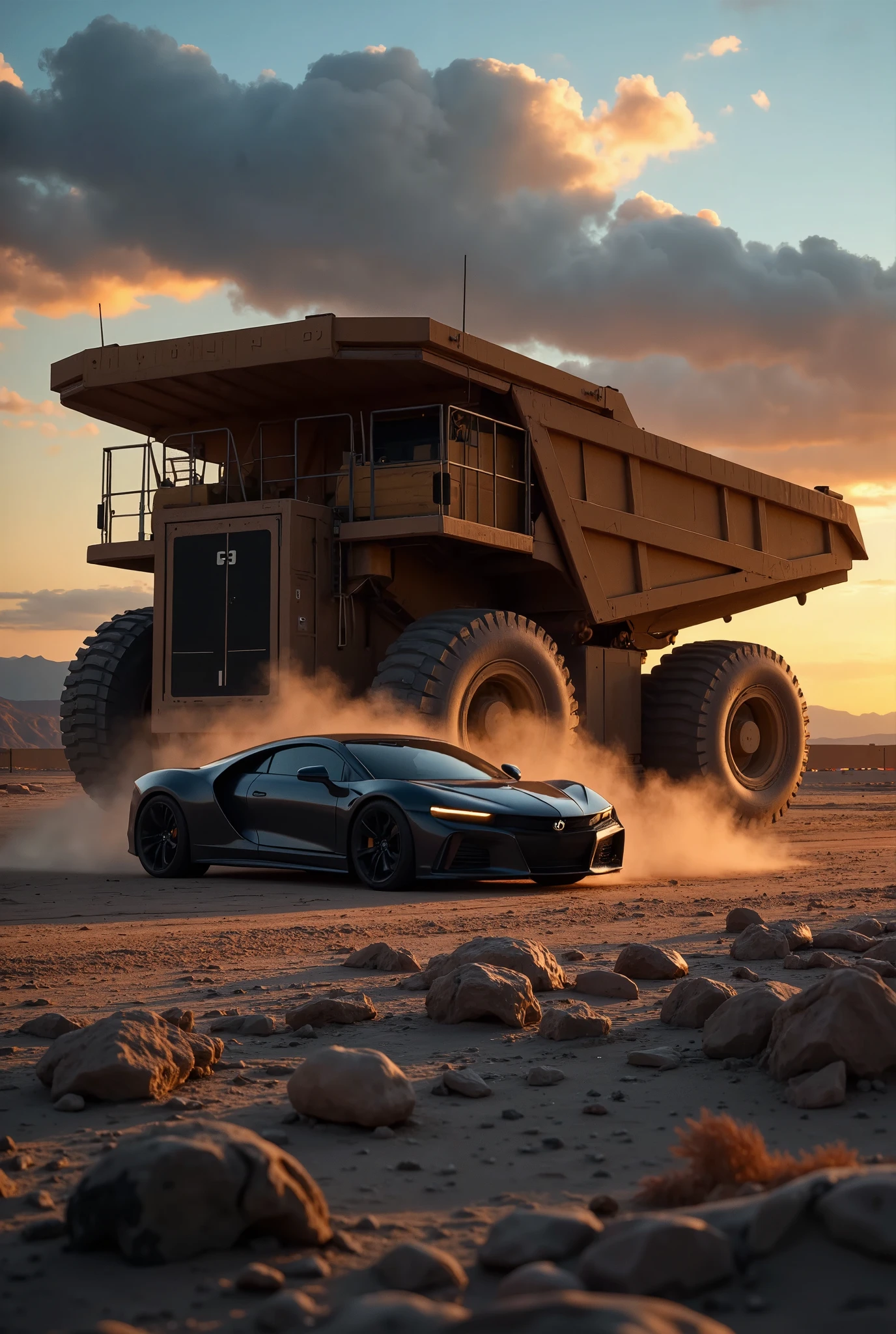 a breathtaking, photorealistic 8K image showcasing the contrast between the Caterpillar 797 mining truck, the heaviest mass-produced heavy machinery, and the Bugatti Chiron 300+, the most expensive mass-produced car, side by side in a vast, open landscape. Inspired by the hyperrealistic automotive photography of Larry Chen and the grand scale landscapes of Ansel Adams, the image highlights the immense size of the Caterpillar truck towering over the sleek, luxurious Bugatti. The truck’s massive wheels dwarf the Bugatti’s aerodynamic form, emphasizing the sheer difference in scale and purpose between the two.

The setting is a rugged, desert-like environment, with the warm glow of a setting sun casting long shadows across the scene. Dust from the mining truck gently lifts into the air, while the Bugatti’s sleek body reflects the golden light. The camera angle should be from a low, wide-angle perspective, capturing both vehicles in their entirety, while allowing the vastness of the desert and distant mountains to frame them beautifully.

For the utmost detail and realism, use a Canon EOS R5 with a Canon RF 15-35mm f/2.8L lens to capture every intricate texture, from the Caterpillar’s worn metal and rugged tires to the Bugatti’s glossy, aerodynamic curves. The composition should highlight the contrast between industrial power and luxury speed, blending the raw, heavy presence of the truck with the sleek, futuristic design of the car. The lighting should evoke a sense of grandeur and serenity, allowing both machines to shine against the dramatic backdrop.