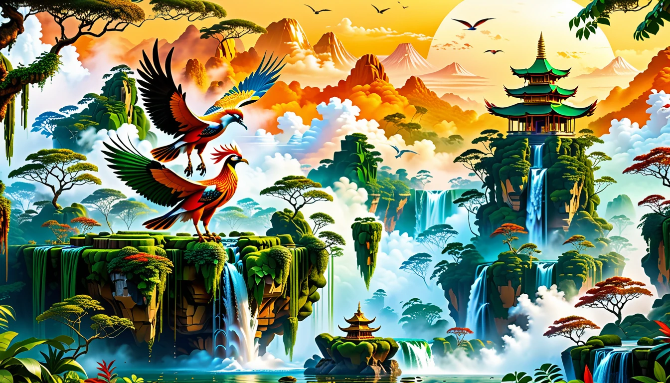 A Masterpiece In 32K Resolution, Supreme Quality, Super Detail, Official Art, Very High-Resolution 32K Wallpaper, Beautiful And Aesthetic, Ultra-Detailed Features, Awe-Inspiring Detail. Floating Islands Hover Above A Dense, Vibrant Rainforest. Waterfalls Spill Into The Thick Greenery Below, Where Exotic Animals Roam Freely. The Sky Is Painted With Shades Of Green And Gold, And Vines Hang From The Floating Islands. In The Distance, A Towering Temple Made Of Moss-Covered Stone Rises From The Jungle. A Majestic Phoenix With Radiant And The Long Tail, Fiery Plumage Soars Gracefully Across The Sky, Its Wings Shimmering With Gold And Crimson Hues As It Glides Above The Treetops.