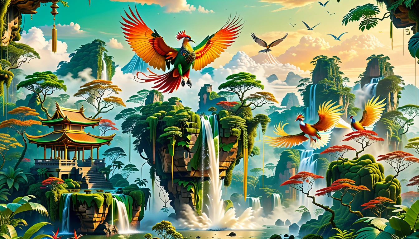 A Masterpiece In 32K Resolution, Supreme Quality, Super Detail, Official Art, Very High-Resolution 32K Wallpaper, Beautiful And Aesthetic, Ultra-Detailed Features, Awe-Inspiring Detail. Floating Islands Hover Above A Dense, Vibrant Rainforest. Waterfalls Spill Into The Thick Greenery Below, Where Exotic Animals Roam Freely. The Sky Is Painted With Shades Of Green And Gold, And Vines Hang From The Floating Islands. In The Distance, A Towering Temple Made Of Moss-Covered Stone Rises From The Jungle. A Majestic Phoenix With Radiant And The Long Tail, Fiery Plumage Soars Gracefully Across The Sky, Its Wings Shimmering With Gold And Crimson Hues As It Glides Above The Treetops.