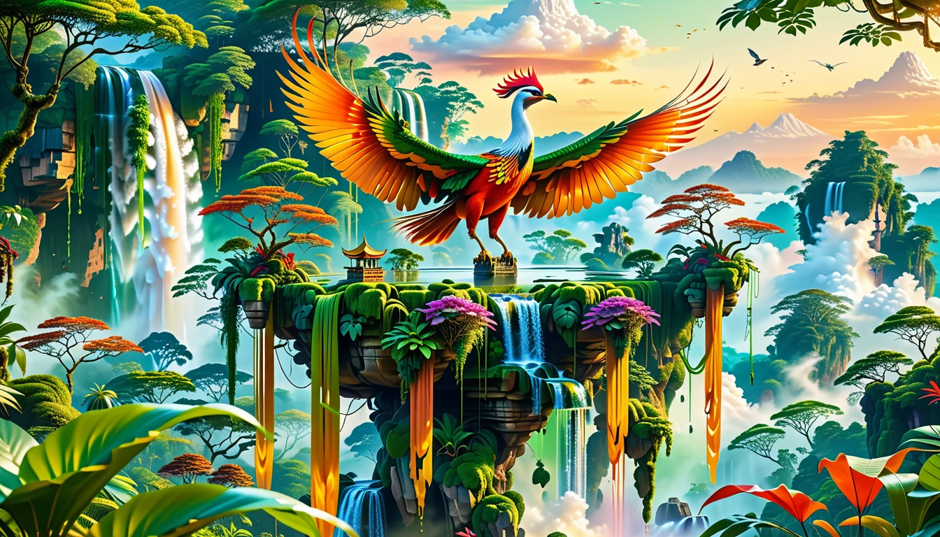 A Masterpiece In 32K Resolution, Supreme Quality, Super Detail, Official Art, Very High-Resolution 32K Wallpaper, Beautiful And Aesthetic, Ultra-Detailed Features, Awe-Inspiring Detail. Floating Islands Hover Above A Dense, Vibrant Rainforest. Waterfalls Spill Into The Thick Greenery Below, Where Exotic Animals Roam Freely. The Sky Is Painted With Shades Of Green And Gold, And Vines Hang From The Floating Islands. In The Distance, A Towering Temple Made Of Moss-Covered Stone Rises From The Jungle. A Majestic Phoenix With Radiant And The Long Tail, Fiery Plumage Soars Gracefully Across The Sky, Its Wings Shimmering With Gold And Crimson Hues As It Glides Above The Treetops.