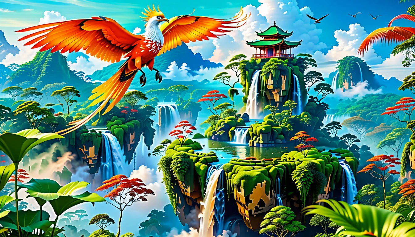 A Masterpiece In 32K Resolution, Supreme Quality, Super Detail, Official Art, Very High-Resolution 32K Wallpaper, Beautiful And Aesthetic, Ultra-Detailed Features, Awe-Inspiring Detail. Floating Islands Hover Above A Dense, Vibrant Rainforest. Waterfalls Spill Into The Thick Greenery Below, Where Exotic Animals Roam Freely. The Sky Is Painted With Shades Of Green And Gold, And Vines Hang From The Floating Islands. In The Distance, A Towering Temple Made Of Moss-Covered Stone Rises From The Jungle. A Majestic Phoenix With Radiant And The Long Tail, Fiery Plumage Soars Gracefully Across The Sky, Its Wings Shimmering With Gold And Crimson Hues As It Glides Above The Treetops.