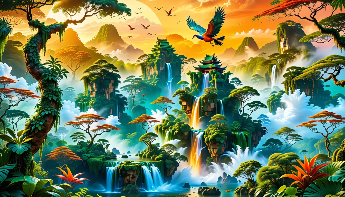 A Masterpiece In 32K Resolution, Supreme Quality, Super Detail, Official Art, Very High-Resolution 32K Wallpaper, Beautiful And Aesthetic, Ultra-Detailed Features, Awe-Inspiring Detail. Floating Islands Hover Above A Dense, Vibrant Rainforest. Waterfalls Spill Into The Thick Greenery Below, Where Exotic Animals Roam Freely. The Sky Is Painted With Shades Of Green And Gold, And Vines Hang From The Floating Islands. In The Distance, A Towering Temple Made Of Moss-Covered Stone Rises From The Jungle. A Majestic Phoenix With Radiant And The Long Tail, Fiery Plumage Soars Gracefully Across The Sky, Its Wings Shimmering With Gold And Crimson Hues As It Glides Above The Treetops.