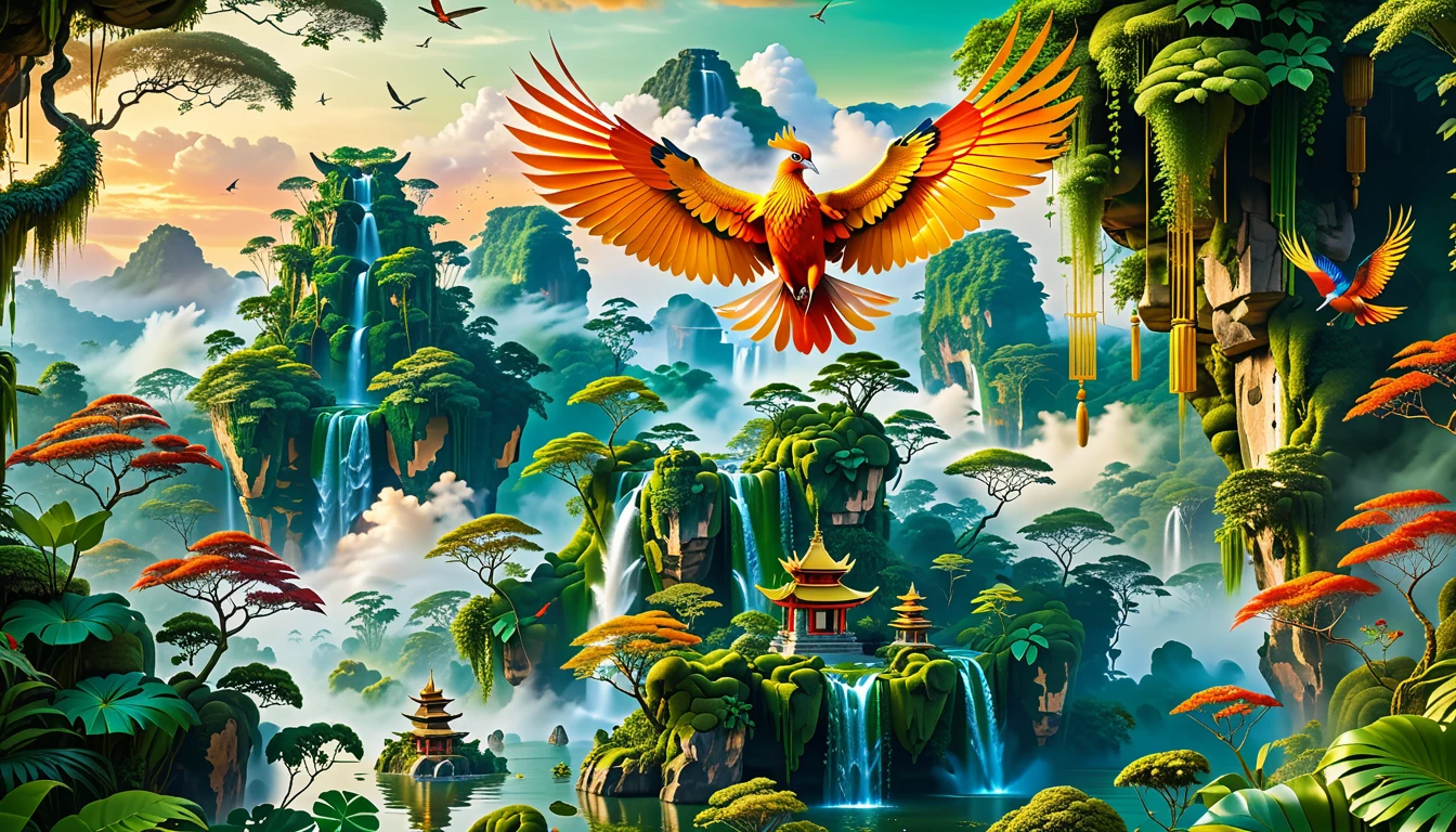 A Masterpiece In 32K Resolution, Supreme Quality, Super Detail, Official Art, Very High-Resolution 32K Wallpaper, Beautiful And Aesthetic, Ultra-Detailed Features, Awe-Inspiring Detail. Floating Islands Hover Above A Dense, Vibrant Rainforest. Waterfalls Spill Into The Thick Greenery Below, Where Exotic Animals Roam Freely. The Sky Is Painted With Shades Of Green And Gold, And Vines Hang From The Floating Islands. In The Distance, A Towering Temple Made Of Moss-Covered Stone Rises From The Jungle. A Majestic Phoenix With Radiant And The Long Tail, Fiery Plumage Soars Gracefully Across The Sky, Its Wings Shimmering With Gold And Crimson Hues As It Glides Above The Treetops.