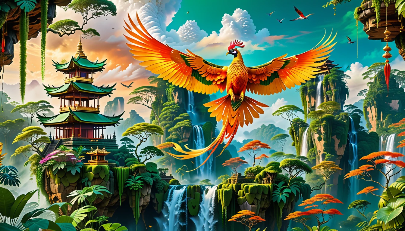 A Masterpiece In 32K Resolution, Supreme Quality, Super Detail, Official Art, Very High-Resolution 32K Wallpaper, Beautiful And Aesthetic, Ultra-Detailed Features, Awe-Inspiring Detail. Floating Islands Hover Above A Dense, Vibrant Rainforest. Waterfalls Spill Into The Thick Greenery Below, Where Exotic Animals Roam Freely. The Sky Is Painted With Shades Of Green And Gold, And Vines Hang From The Floating Islands. In The Distance, A Towering Temple Made Of Moss-Covered Stone Rises From The Jungle. A Majestic Phoenix With Radiant And The Long Tail, Fiery Plumage Soars Gracefully Across The Sky, Its Wings Shimmering With Gold And Crimson Hues As It Glides Above The Treetops.