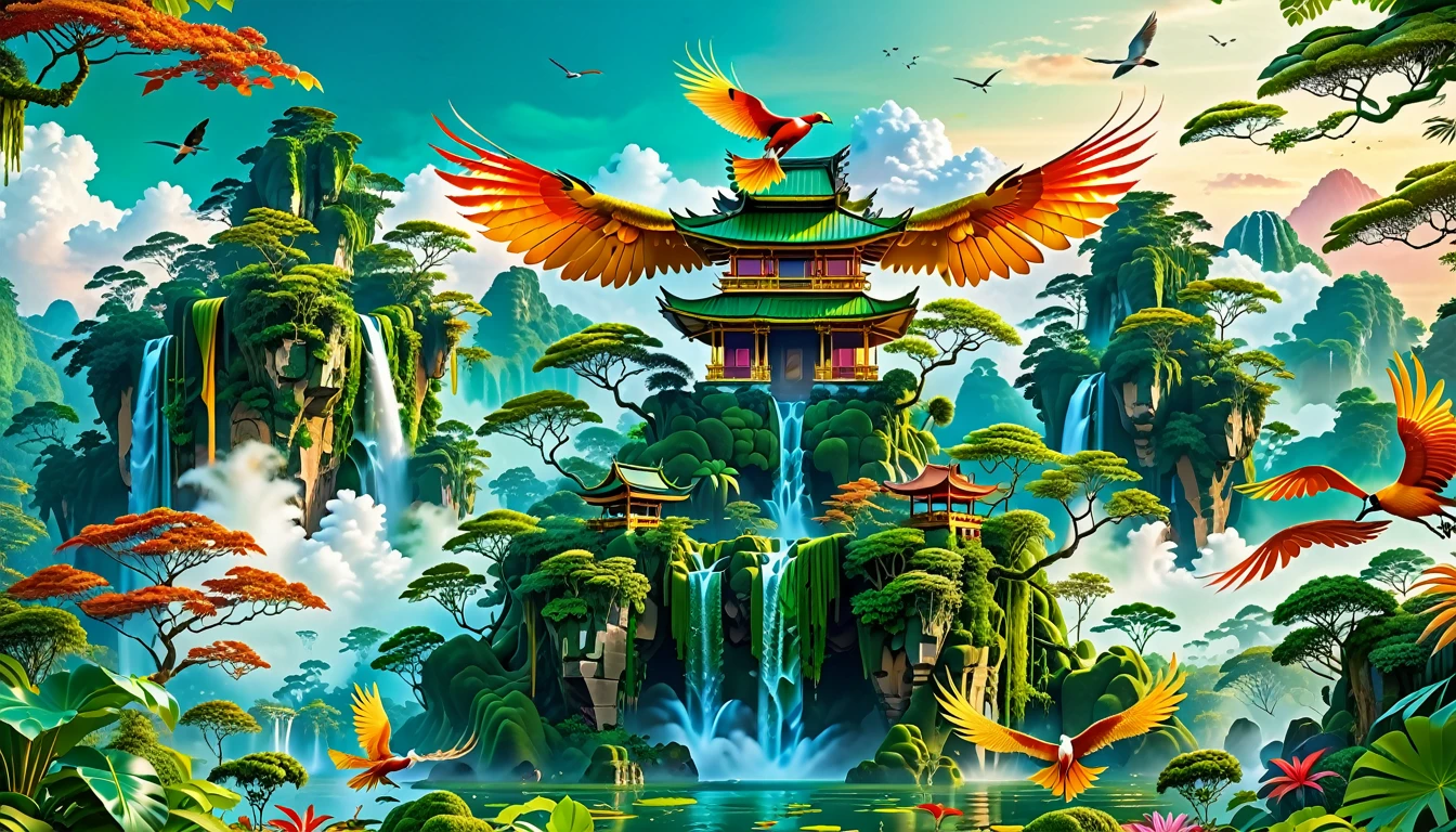 A Masterpiece In 32K Resolution, Supreme Quality, Super Detail, Official Art, Very High-Resolution 32K Wallpaper, Beautiful And Aesthetic, Ultra-Detailed Features, Awe-Inspiring Detail. Floating Islands Hover Above A Dense, Vibrant Rainforest. Waterfalls Spill Into The Thick Greenery Below, Where Exotic Animals Roam Freely. The Sky Is Painted With Shades Of Green And Gold, And Vines Hang From The Floating Islands. In The Distance, A Towering Temple Made Of Moss-Covered Stone Rises From The Jungle. A Majestic Phoenix With Radiant And The Long Tail, Fiery Plumage Soars Gracefully Across The Sky, Its Wings Shimmering With Gold And Crimson Hues As It Glides Above The Treetops.