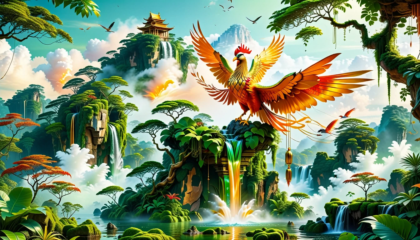 A Masterpiece In 32K Resolution, Supreme Quality, Super Detail, Official Art, Very High-Resolution 32K Wallpaper, Beautiful And Aesthetic, Ultra-Detailed Features, Awe-Inspiring Detail. Floating Islands Hover Above A Dense, Vibrant Rainforest. Waterfalls Spill Into The Thick Greenery Below, Where Exotic Animals Roam Freely. The Sky Is Painted With Shades Of Green And Gold, And Vines Hang From The Floating Islands. In The Distance, A Towering Temple Made Of Moss-Covered Stone Rises From The Jungle. A Majestic Phoenix With Radiant And The Long Tail, Fiery Plumage Soars Gracefully Across The Sky, Its Wings Shimmering With Gold And Crimson Hues As It Glides Above The Treetops.