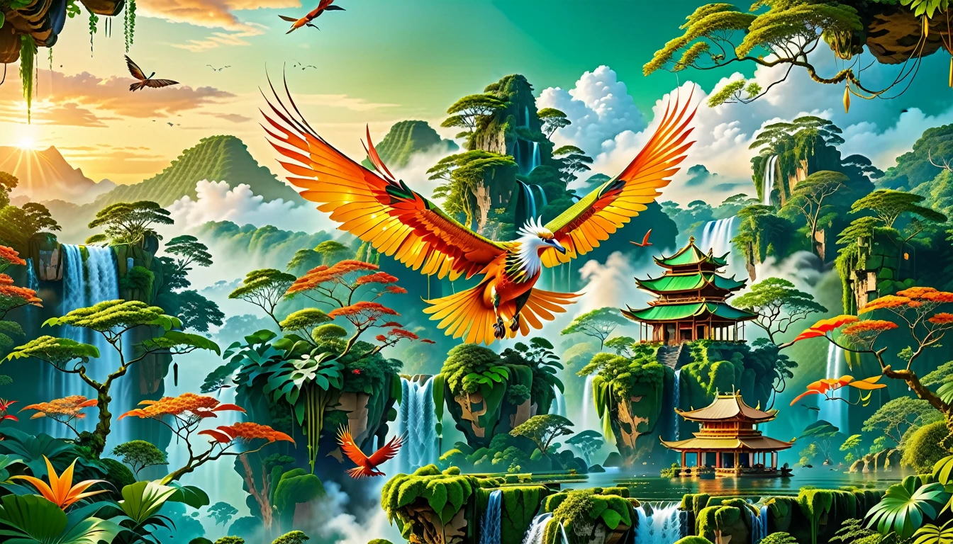 A Masterpiece In 32K Resolution, Supreme Quality, Super Detail, Official Art, Very High-Resolution 32K Wallpaper, Beautiful And Aesthetic, Ultra-Detailed Features, Awe-Inspiring Detail. Floating Islands Hover Above A Dense, Vibrant Rainforest. Waterfalls Spill Into The Thick Greenery Below, Where Exotic Animals Roam Freely. The Sky Is Painted With Shades Of Green And Gold, And Vines Hang From The Floating Islands. In The Distance, A Towering Temple Made Of Moss-Covered Stone Rises From The Jungle. A Majestic Phoenix With Radiant And The Long Tail, Fiery Plumage Soars Gracefully Across The Sky, Its Wings Shimmering With Gold And Crimson Hues As It Glides Above The Treetops.