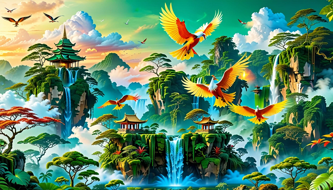 A Masterpiece In 32K Resolution, Supreme Quality, Super Detail, Official Art, Very High-Resolution 32K Wallpaper, Beautiful And Aesthetic, Ultra-Detailed Features, Awe-Inspiring Detail. Floating Islands Hover Above A Dense, Vibrant Rainforest. Waterfalls Spill Into The Thick Greenery Below, Where Exotic Animals Roam Freely. The Sky Is Painted With Shades Of Green And Gold, And Vines Hang From The Floating Islands. In The Distance, A Towering Temple Made Of Moss-Covered Stone Rises From The Jungle. A Majestic Phoenix With Radiant And The Long Tail, Fiery Plumage Soars Gracefully Across The Sky, Its Wings Shimmering With Gold And Crimson Hues As It Glides Above The Treetops.