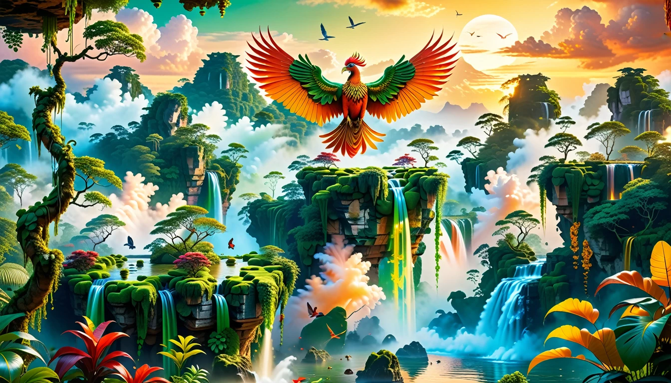 A Masterpiece In 32K Resolution, Supreme Quality, Super Detail, Official Art, Very High-Resolution 32K Wallpaper, Beautiful And Aesthetic, Ultra-Detailed Features, Awe-Inspiring Detail. Floating Islands Hover Above A Dense, Vibrant Rainforest. Waterfalls Spill Into The Thick Greenery Below, Where Exotic Animals Roam Freely. The Sky Is Painted With Shades Of Green And Gold, And Vines Hang From The Floating Islands. In The Distance, A Towering Temple Made Of Moss-Covered Stone Rises From The Jungle. A Majestic Phoenix With Radiant And The Long Tail, Fiery Plumage Soars Gracefully Across The Sky, Its Wings Shimmering With Gold And Crimson Hues As It Glides Above The Treetops.