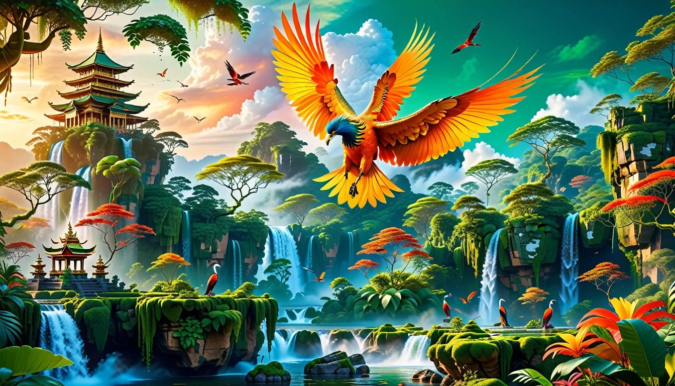 A Masterpiece In 32K Resolution, Supreme Quality, Super Detail, Official Art, Very High-Resolution 32K Wallpaper, Beautiful And Aesthetic, Ultra-Detailed Features, Awe-Inspiring Detail. Floating Islands Hover Above A Dense, Vibrant Rainforest. Waterfalls Spill Into The Thick Greenery Below, Where Exotic Animals Roam Freely. The Sky Is Painted With Shades Of Green And Gold, And Vines Hang From The Floating Islands. In The Distance, A Towering Temple Made Of Moss-Covered Stone Rises From The Jungle. A Majestic Phoenix With Radiant And The Long Tail, Fiery Plumage Soars Gracefully Across The Sky, Its Wings Shimmering With Gold And Crimson Hues As It Glides Above The Treetops.