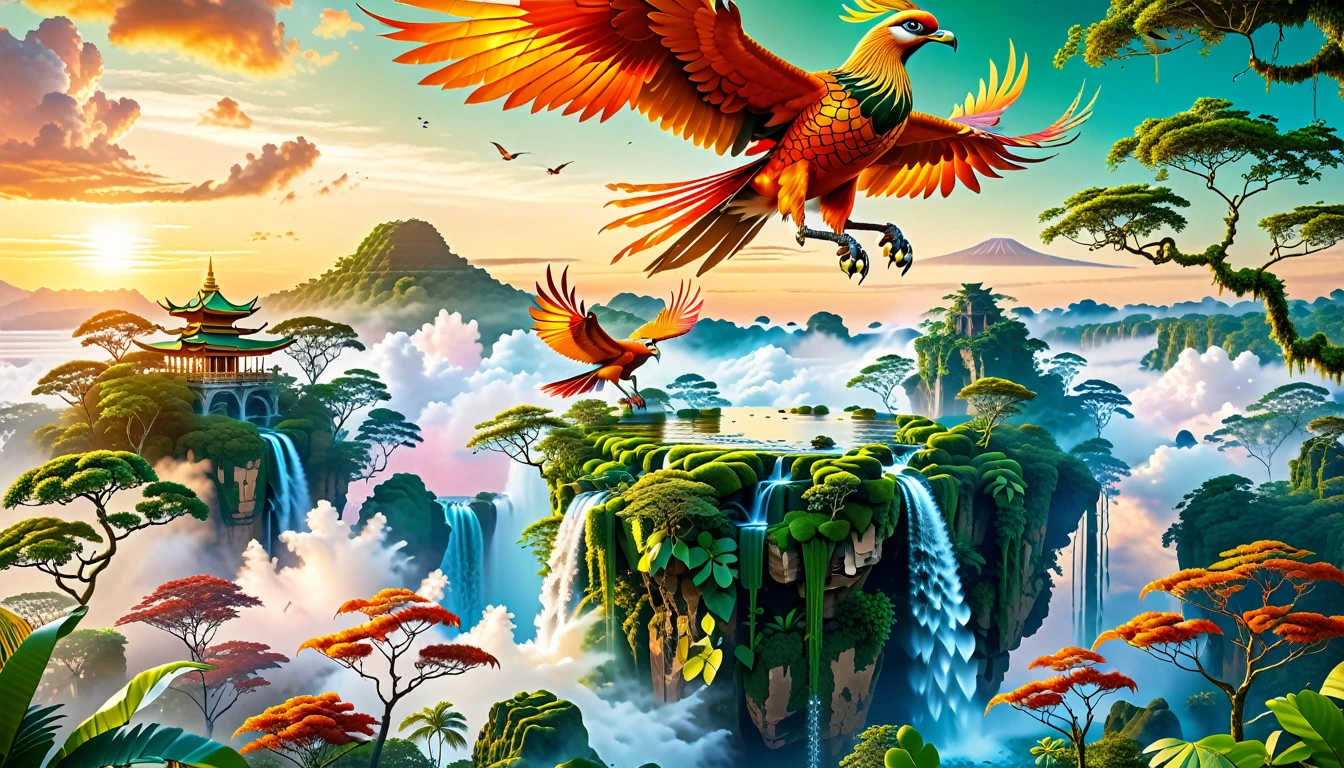 A Masterpiece In 32K Resolution, Supreme Quality, Super Detail, Official Art, Very High-Resolution 32K Wallpaper, Beautiful And Aesthetic, Ultra-Detailed Features, Awe-Inspiring Detail. Floating Islands Hover Above A Dense, Vibrant Rainforest. Waterfalls Spill Into The Thick Greenery Below, Where Exotic Animals Roam Freely. The Sky Is Painted With Shades Of Green And Gold, And Vines Hang From The Floating Islands. In The Distance, A Towering Temple Made Of Moss-Covered Stone Rises From The Jungle. A Majestic Phoenix With Radiant And The Long Tail, Fiery Plumage Soars Gracefully Across The Sky, Its Wings Shimmering With Gold And Crimson Hues As It Glides Above The Treetops.