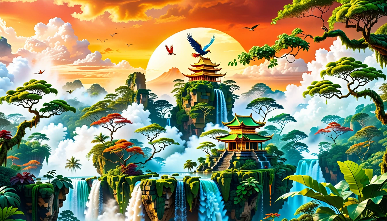 A Masterpiece In 32K Resolution, Supreme Quality, Super Detail, Official Art, Very High-Resolution 32K Wallpaper, Beautiful And Aesthetic, Ultra-Detailed Features, Awe-Inspiring Detail. Floating Islands Hover Above A Dense, Vibrant Rainforest. Waterfalls Spill Into The Thick Greenery Below, Where Exotic Animals Roam Freely. The Sky Is Painted With Shades Of Green And Gold, And Vines Hang From The Floating Islands. In The Distance, A Towering Temple Made Of Moss-Covered Stone Rises From The Jungle. A Majestic Phoenix With Radiant And The Long Tail, Fiery Plumage Soars Gracefully Across The Sky, Its Wings Shimmering With Gold And Crimson Hues As It Glides Above The Treetops.