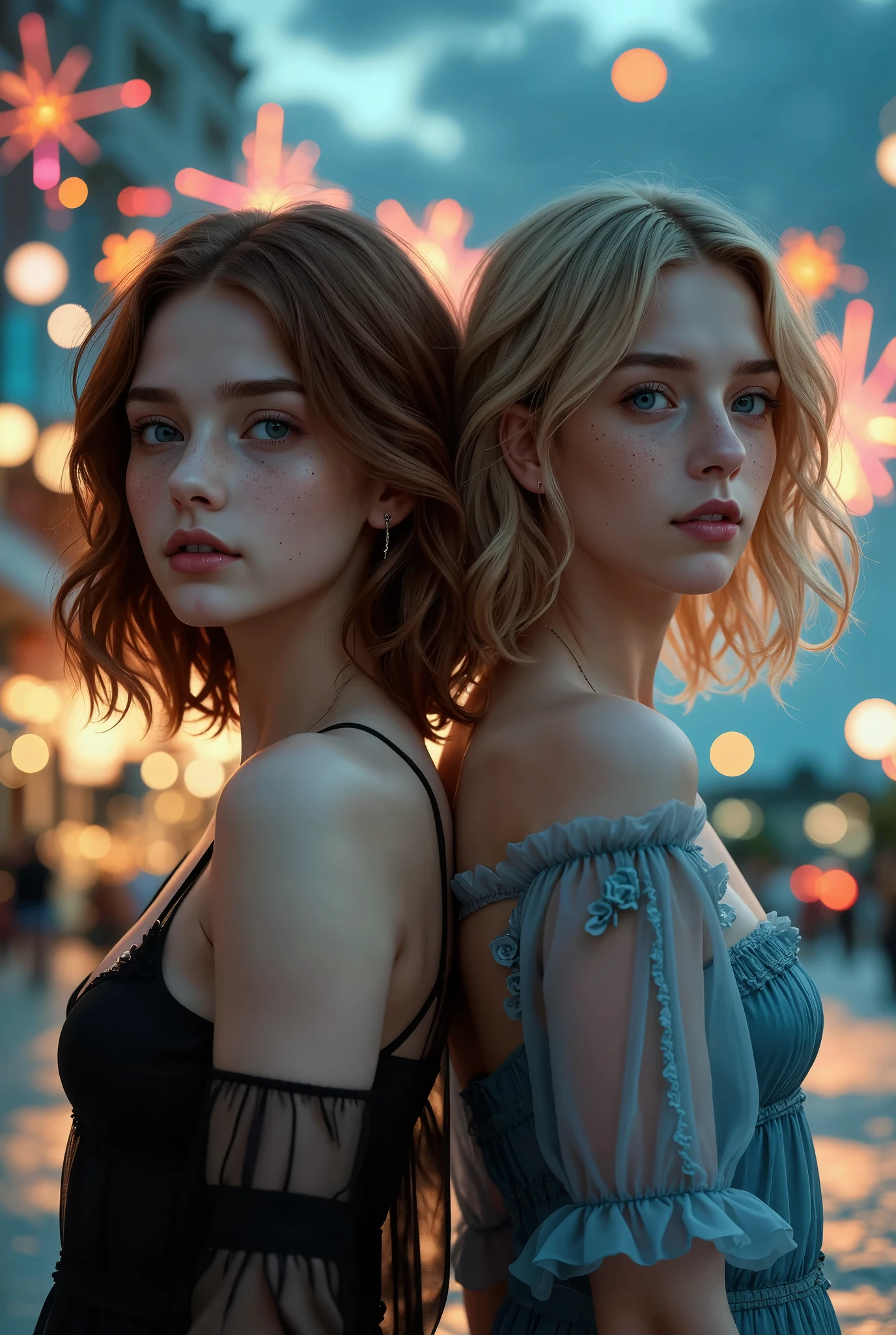 (Best quality, 4K, high resolution, masterpiece:1.2), super detailed, ultra-realistic abstract digital artwork of twin sisters standing back-to-back on a magical beach at night. Their shoulder-length, wavy hair is styled with intricate 3D paper quilling designs, transitioning from dark brown to platinum blonde. Each twin has heterochromatic eyes—one twin with a left blue eye and right green eye, the other with the reverse. Capture the scene from a cinematic, 3/4 angle, emphasizing their facial expressions: one twin looks introspective and serious, while the other smiles softly, showing their emotional contrast.

In the background, the beach is bathed in surreal, blue moonlight, casting a peaceful glow on the twins. Glass orbs and elegant rainbow bubbles float around them, scattering light in a mesmerizing pattern. The landscape is vibrant yet serene, with a deep blue ocean, smooth sand, and glowing orbs that add to the mystical atmosphere. The reflection of the moonlight shimmers on the water, creating a surreal, dreamlike quality.

The scene is inspired by the photographic realism of Annie Leibovitz and the abstract, colorful digital style of Alberto Seveso. The artwork blends realistic photography techniques with surreal and abstract digital elements, including vibrant lighting, rainbow bubbles, and peaceful colors. The twins' hair, freckles, and soft expressions are rendered with octane-level quality, while the ethereal bubbles and glass orbs add depth and magic to the scene. Every detail is meticulously crafted to create a dynamic, high-quality, 4K masterpiece that feels both real and magical.