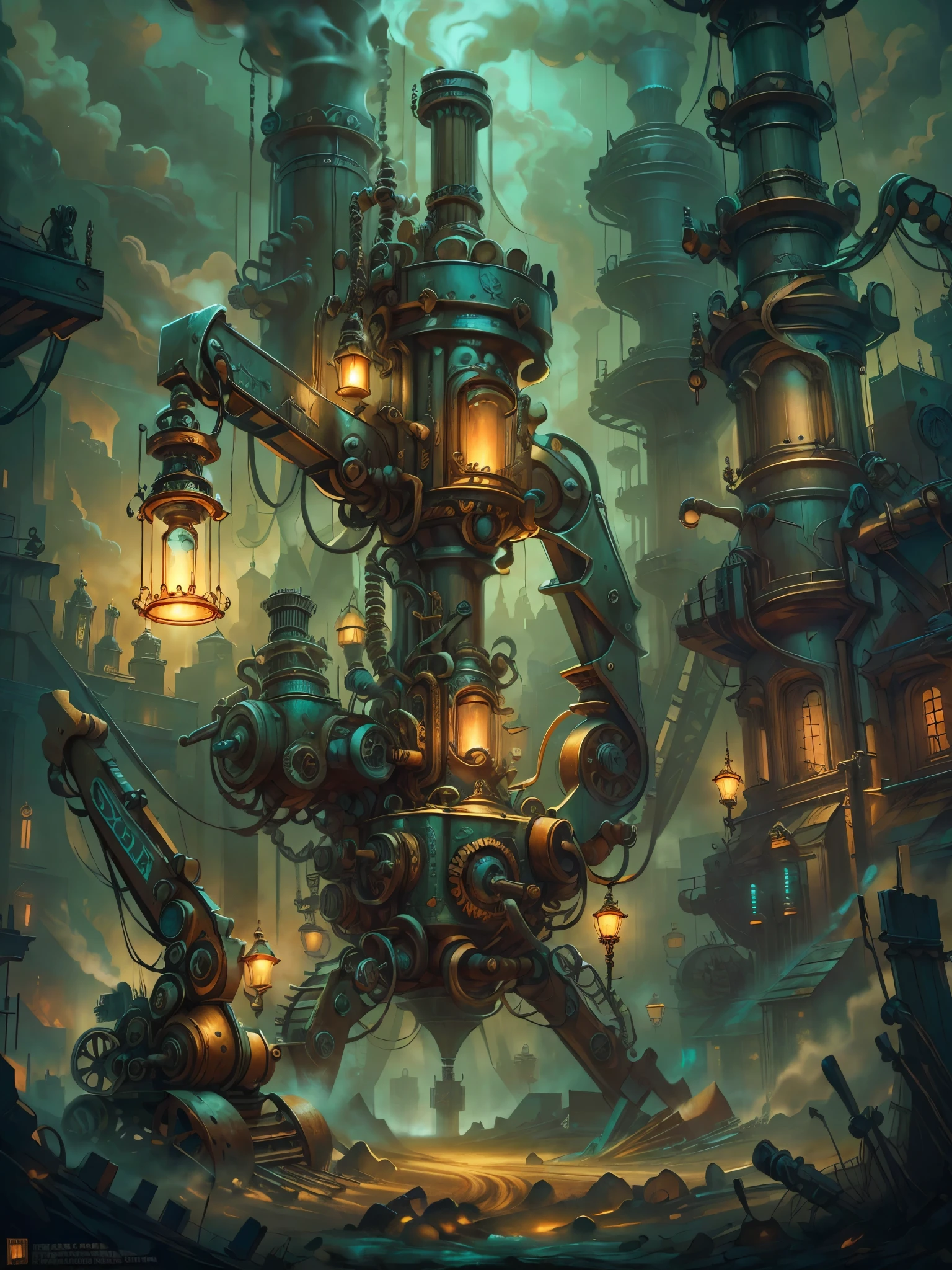 a heavy machinery, excavator, industrial machinery, construction site, gaslight, fantasy, gothic, dramatic lighting, cinematic, chiaroscuro, detailed gears and mechanisms, intricate details, steam punk, dark fantasy, moody atmosphere, muted colors, dramatic shadows, highly detailed, 8K, photorealistic, masterpiece