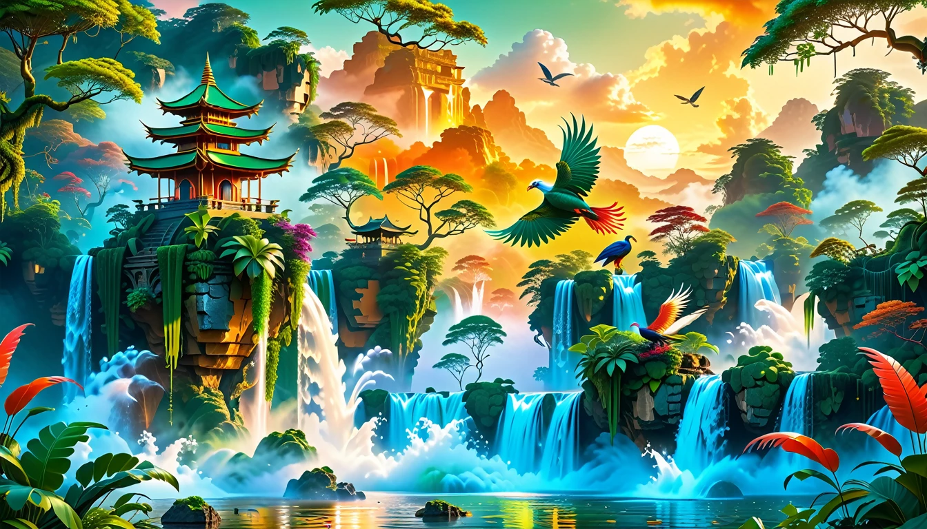 A Masterpiece In 32K Resolution, Supreme Quality, Super Detail, Official Art, Very High-Resolution 32K Wallpaper, Beautiful And Aesthetic, Ultra-Detailed Features, Awe-Inspiring Detail. Floating Islands Hover Above A Dense, Vibrant Rainforest. Waterfalls Spill Into The Thick Greenery Below, Where Exotic Animals Roam Freely. The Sky Is Painted With Shades Of Green And Gold, And Vines Hang From The Floating Islands. In The Distance, A Towering Temple Made Of Moss-Covered Stone Rises From The Jungle. A Majestic Phoenix With Radiant And The Long Tail, Fiery Plumage Soars Gracefully Across The Sky, Its Wings Shimmering With Gold And Crimson Hues As It Glides Above The Treetops.