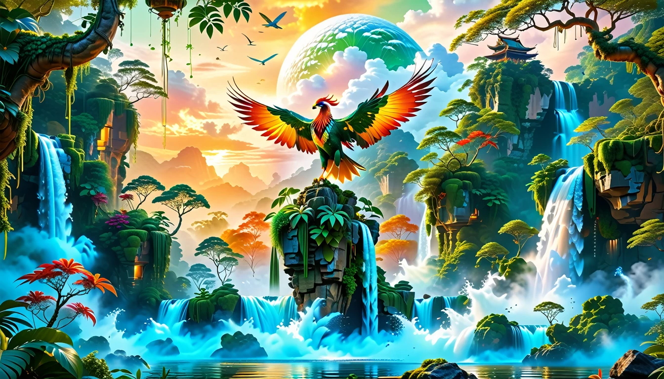 A Masterpiece In 32K Resolution, Supreme Quality, Super Detail, Official Art, Very High-Resolution 32K Wallpaper, Beautiful And Aesthetic, Ultra-Detailed Features, Awe-Inspiring Detail. Floating Islands Hover Above A Dense, Vibrant Rainforest. Waterfalls Spill Into The Thick Greenery Below, Where Exotic Animals Roam Freely. The Sky Is Painted With Shades Of Green And Gold, And Vines Hang From The Floating Islands. In The Distance, A Towering Temple Made Of Moss-Covered Stone Rises From The Jungle. A Majestic Phoenix With Radiant And The Long Tail, Fiery Plumage Soars Gracefully Across The Sky, Its Wings Shimmering With Gold And Crimson Hues As It Glides Above The Treetops.