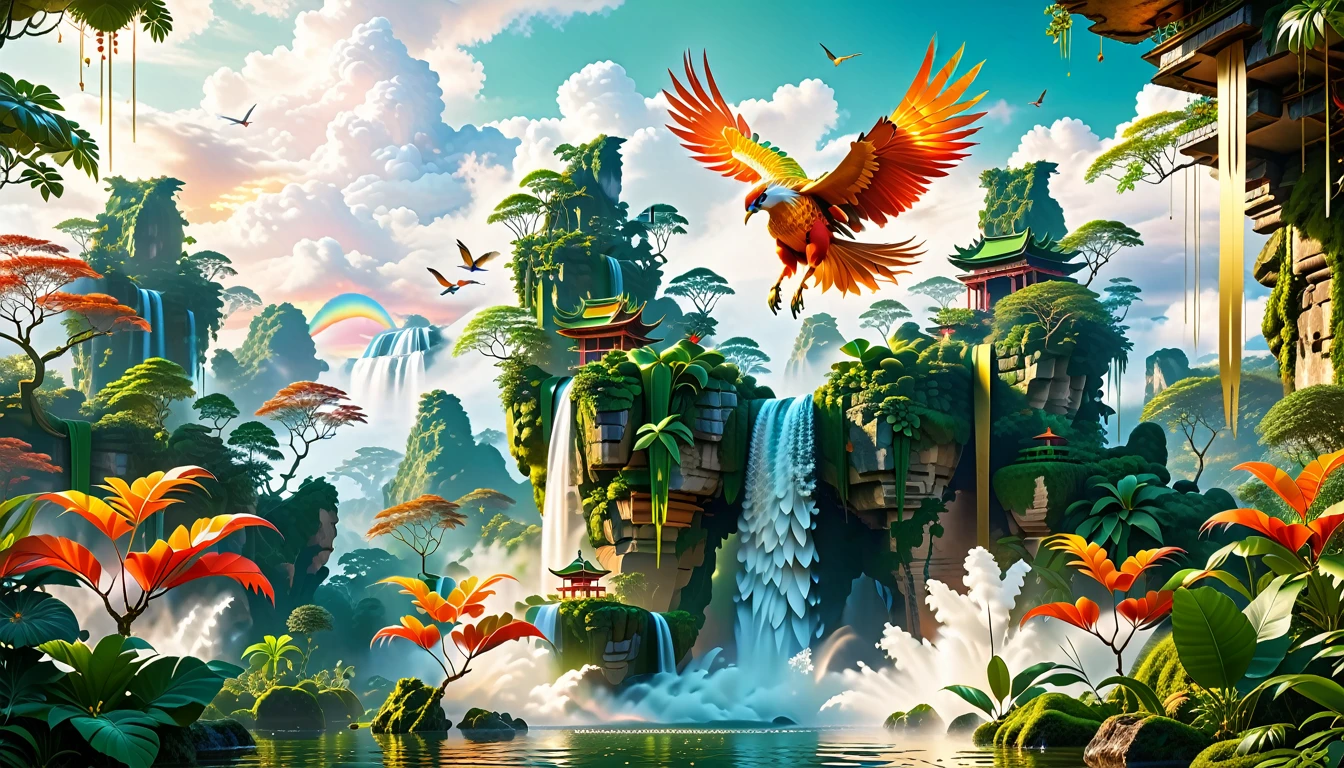 A Masterpiece In 32K Resolution, Supreme Quality, Super Detail, Official Art, Very High-Resolution 32K Wallpaper, Beautiful And Aesthetic, Ultra-Detailed Features, Awe-Inspiring Detail. Floating Islands Hover Above A Dense, Vibrant Rainforest. Waterfalls Spill Into The Thick Greenery Below, Where Exotic Animals Roam Freely. The Sky Is Painted With Shades Of Green And Gold, And Vines Hang From The Floating Islands. In The Distance, A Towering Temple Made Of Moss-Covered Stone Rises From The Jungle. A Majestic Phoenix With Radiant And The Long Tail, Fiery Plumage Soars Gracefully Across The Sky, Its Wings Shimmering With Gold And Crimson Hues As It Glides Above The Treetops.