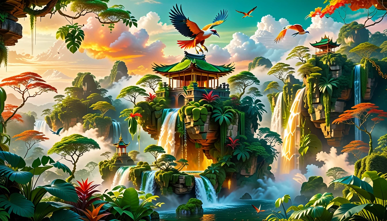 A Masterpiece In 32K Resolution, Supreme Quality, Super Detail, Official Art, Very High-Resolution 32K Wallpaper, Beautiful And Aesthetic, Ultra-Detailed Features, Awe-Inspiring Detail. Floating Islands Hover Above A Dense, Vibrant Rainforest. Waterfalls Spill Into The Thick Greenery Below, Where Exotic Animals Roam Freely. The Sky Is Painted With Shades Of Green And Gold, And Vines Hang From The Floating Islands. In The Distance, A Towering Temple Made Of Moss-Covered Stone Rises From The Jungle. A Majestic Phoenix With Radiant And The Long Tail, Fiery Plumage Soars Gracefully Across The Sky, Its Wings Shimmering With Gold And Crimson Hues As It Glides Above The Treetops.