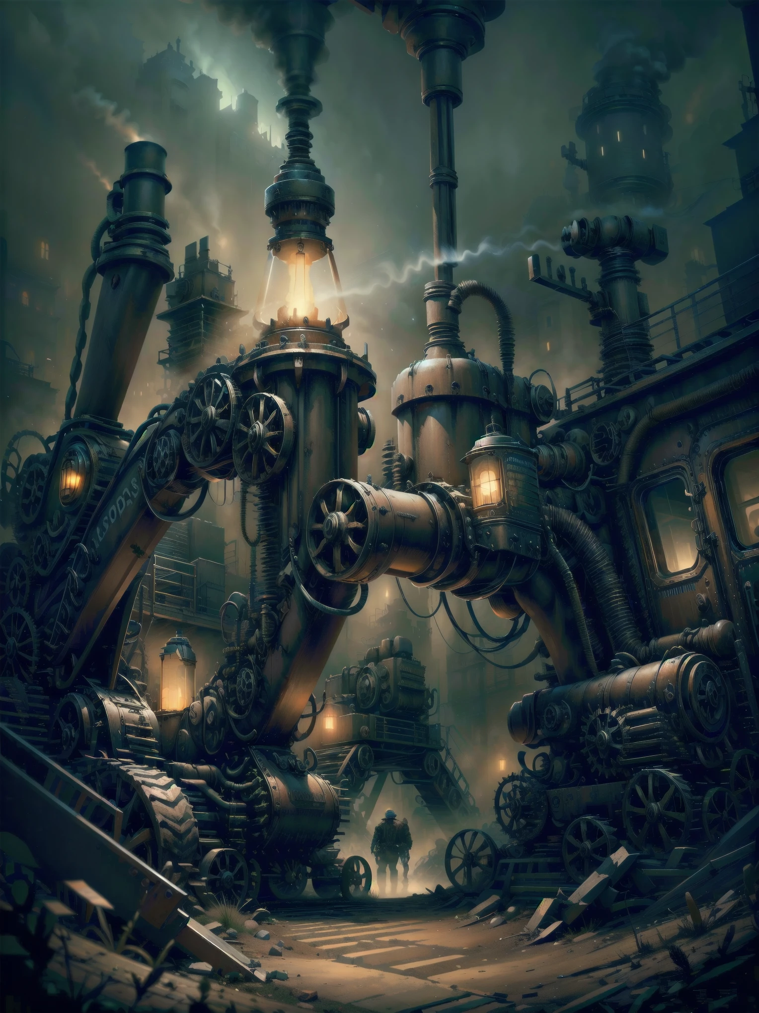 a heavy machinery, excavator, industrial machinery, construction site, gaslight, fantasy, gothic, dramatic lighting, cinematic, chiaroscuro, detailed gears and mechanisms, intricate details, steam punk, dark fantasy, moody atmosphere, muted colors, dramatic shadows, highly detailed, 8K, photorealistic, masterpiece