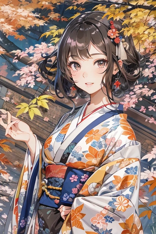 (Best Quality, High resolution, 8k), Japanese painting style, Beautiful Japanese women who look good in kimono,  Japanese clothing with calm colors and patterns, Light brown-black hair, Beautiful eyes, Beautiful lips, A beautiful, well-proportioned face with a monkey-like appearance, Facial detailing, Large Breasts, A biologically healthy body, Detailed and delicate depiction, A flashy and dynamic painting technique, Japanese style garden,  Japanese style hotel, Autumn season, The autumn leaves are beautiful, Autumn flowers are blooming, The silver grass is swaying, Hair flies up, Vibrant colors, blue sky, White Clouds, Detailed illustration art, 