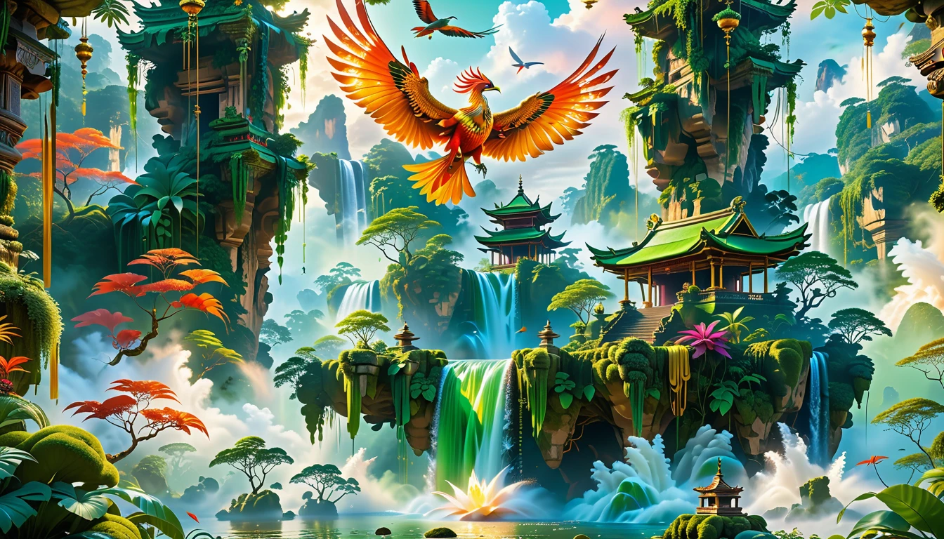 A Masterpiece In 32K Resolution, Supreme Quality, Super Detail, Official Art, Very High-Resolution 32K Wallpaper, Beautiful And Aesthetic, Ultra-Detailed Features, Awe-Inspiring Detail. Floating Islands Hover Above A Dense, Vibrant Rainforest. Waterfalls Spill Into The Thick Greenery Below, Where Exotic Animals Roam Freely. The Sky Is Painted With Shades Of Green And Gold, And Vines Hang From The Floating Islands. In The Distance, A Towering Temple Made Of Moss-Covered Stone Rises From The Jungle. A Majestic Phoenix With Radiant And The Long Tail, Fiery Plumage Soars Gracefully Across The Sky, Its Wings Shimmering With Gold And Crimson Hues As It Glides Above The Treetops.