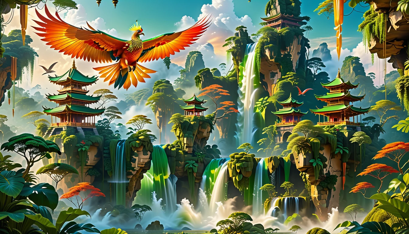 A Masterpiece In 32K Resolution, Supreme Quality, Super Detail, Official Art, Very High-Resolution 32K Wallpaper, Beautiful And Aesthetic, Ultra-Detailed Features, Awe-Inspiring Detail. Floating Islands Hover Above A Dense, Vibrant Rainforest. Waterfalls Spill Into The Thick Greenery Below, Where Exotic Animals Roam Freely. The Sky Is Painted With Shades Of Green And Gold, And Vines Hang From The Floating Islands. In The Distance, A Towering Temple Made Of Moss-Covered Stone Rises From The Jungle. A Majestic Phoenix With Radiant And The Long Tail, Fiery Plumage Soars Gracefully Across The Sky, Its Wings Shimmering With Gold And Crimson Hues As It Glides Above The Treetops.