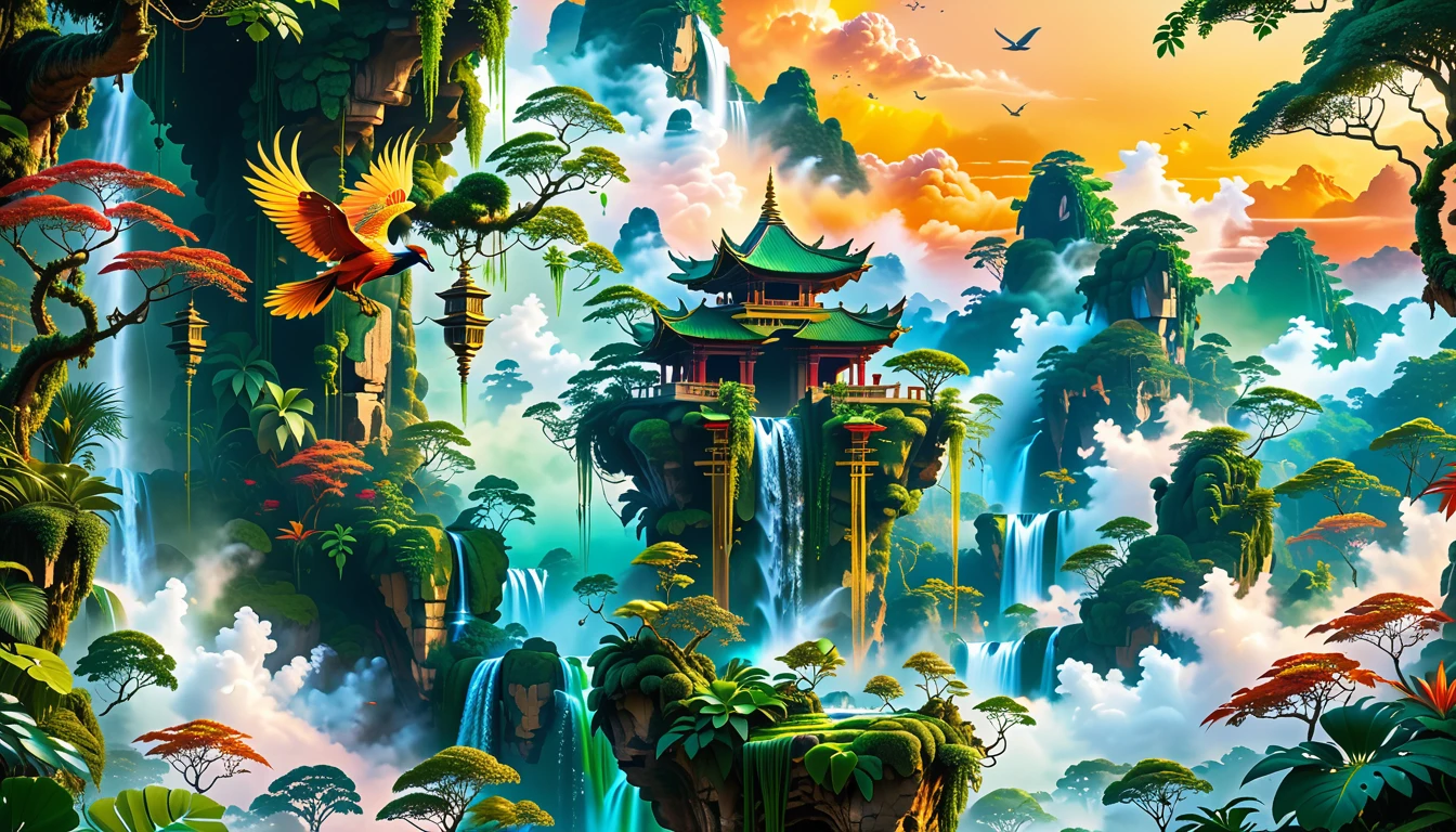 A Masterpiece In 32K Resolution, Supreme Quality, Super Detail, Official Art, Very High-Resolution 32K Wallpaper, Beautiful And Aesthetic, Ultra-Detailed Features, Awe-Inspiring Detail. Floating Islands Hover Above A Dense, Vibrant Rainforest. Waterfalls Spill Into The Thick Greenery Below, Where Exotic Animals Roam Freely. The Sky Is Painted With Shades Of Green And Gold, And Vines Hang From The Floating Islands. In The Distance, A Towering Temple Made Of Moss-Covered Stone Rises From The Jungle. A Majestic Phoenix With Radiant And The Long Tail, Fiery Plumage Soars Gracefully Across The Sky, Its Wings Shimmering With Gold And Crimson Hues As It Glides Above The Treetops.