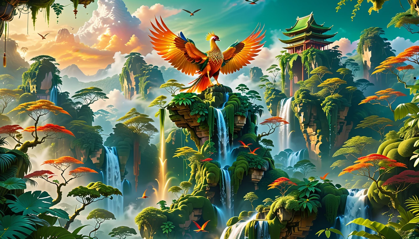 A Masterpiece In 32K Resolution, Supreme Quality, Super Detail, Official Art, Very High-Resolution 32K Wallpaper, Beautiful And Aesthetic, Ultra-Detailed Features, Awe-Inspiring Detail. Floating Islands Hover Above A Dense, Vibrant Rainforest. Waterfalls Spill Into The Thick Greenery Below, Where Exotic Animals Roam Freely. The Sky Is Painted With Shades Of Green And Gold, And Vines Hang From The Floating Islands. In The Distance, A Towering Temple Made Of Moss-Covered Stone Rises From The Jungle. A Majestic Phoenix With Radiant And The Long Tail, Fiery Plumage Soars Gracefully Across The Sky, Its Wings Shimmering With Gold And Crimson Hues As It Glides Above The Treetops.