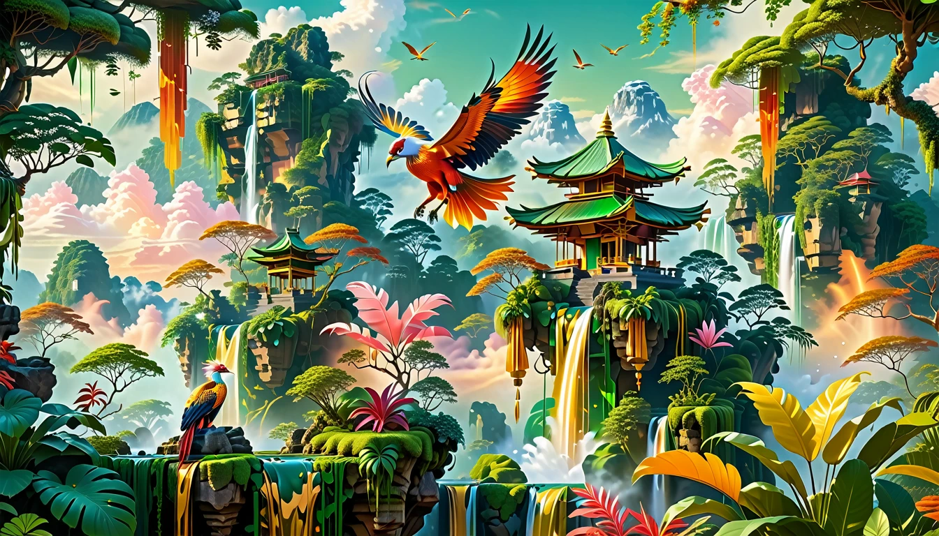 A Masterpiece In 32K Resolution, Supreme Quality, Super Detail, Official Art, Very High-Resolution 32K Wallpaper, Beautiful And Aesthetic, Ultra-Detailed Features, Awe-Inspiring Detail. Floating Islands Hover Above A Dense, Vibrant Rainforest. Waterfalls Spill Into The Thick Greenery Below, Where Exotic Animals Roam Freely. The Sky Is Painted With Shades Of Green And Gold, And Vines Hang From The Floating Islands. In The Distance, A Towering Temple Made Of Moss-Covered Stone Rises From The Jungle. A Majestic Phoenix With Radiant And The Long Tail, Fiery Plumage Soars Gracefully Across The Sky, Its Wings Shimmering With Gold And Crimson Hues As It Glides Above The Treetops.