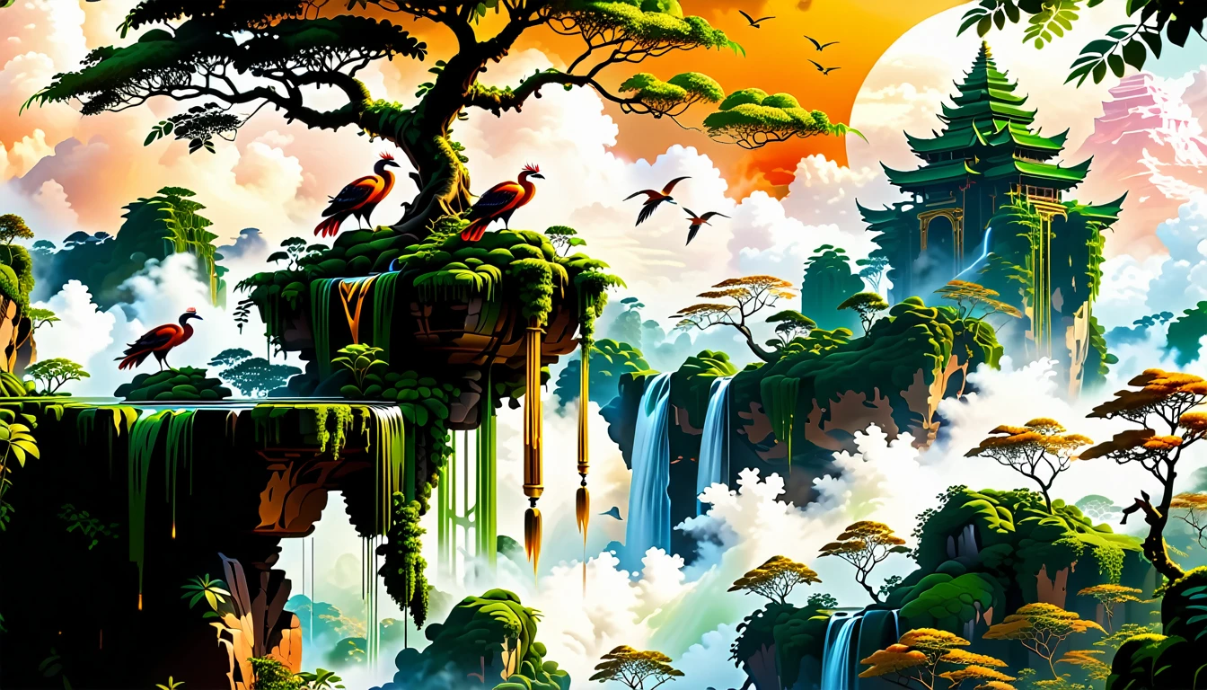 A Masterpiece In 32K Resolution, Supreme Quality, Super Detail, Official Art, Very High-Resolution 32K Wallpaper, Beautiful And Aesthetic, Ultra-Detailed Features, Awe-Inspiring Detail. Floating Islands Hover Above A Dense, Vibrant Rainforest. Waterfalls Spill Into The Thick Greenery Below, Where Exotic Animals Roam Freely. The Sky Is Painted With Shades Of Green And Gold, And Vines Hang From The Floating Islands. In The Distance, A Towering Temple Made Of Moss-Covered Stone Rises From The Jungle. A Majestic Phoenix With Radiant And The Long Tail, Fiery Plumage Soars Gracefully Across The Sky, Its Wings Shimmering With Gold And Crimson Hues As It Glides Above The Treetops.