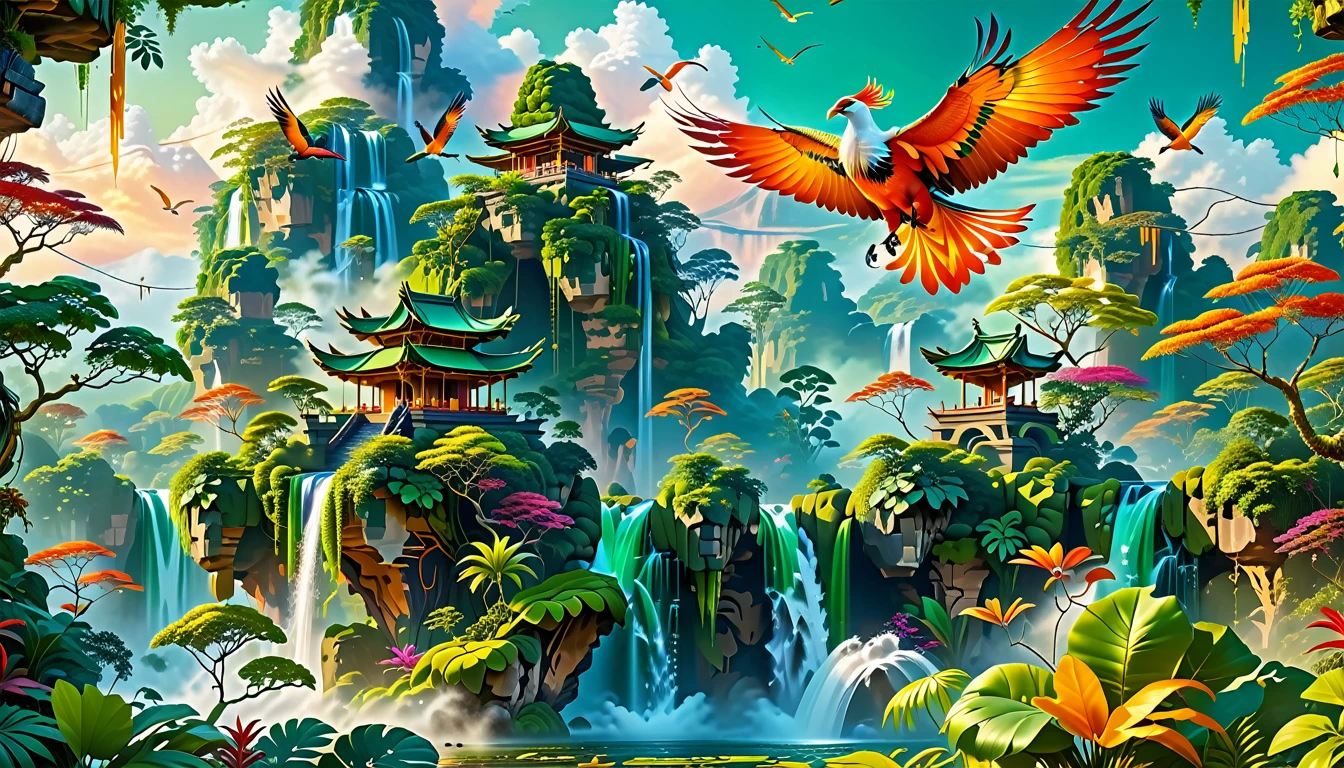 A Masterpiece In 32K Resolution, Supreme Quality, Super Detail, Official Art, Very High-Resolution 32K Wallpaper, Beautiful And Aesthetic, Ultra-Detailed Features, Awe-Inspiring Detail. Floating Islands Hover Above A Dense, Vibrant Rainforest. Waterfalls Spill Into The Thick Greenery Below, Where Exotic Animals Roam Freely. The Sky Is Painted With Shades Of Green And Gold, And Vines Hang From The Floating Islands. In The Distance, A Towering Temple Made Of Moss-Covered Stone Rises From The Jungle. A Majestic Phoenix With Radiant And The Long Tail, Fiery Plumage Soars Gracefully Across The Sky, Its Wings Shimmering With Gold And Crimson Hues As It Glides Above The Treetops.