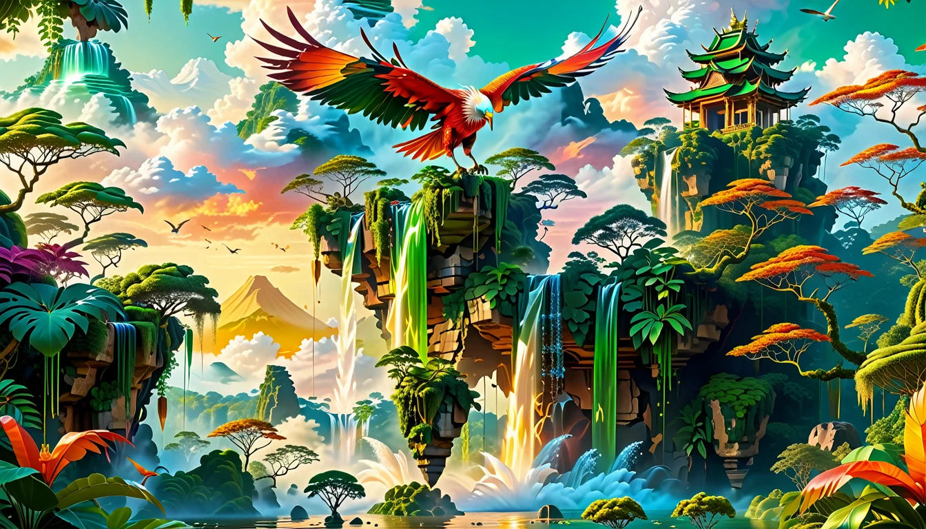 A Masterpiece In 32K Resolution, Supreme Quality, Super Detail, Official Art, Very High-Resolution 32K Wallpaper, Beautiful And Aesthetic, Ultra-Detailed Features, Awe-Inspiring Detail. Floating Islands Hover Above A Dense, Vibrant Rainforest. Waterfalls Spill Into The Thick Greenery Below, Where Exotic Animals Roam Freely. The Sky Is Painted With Shades Of Green And Gold, And Vines Hang From The Floating Islands. In The Distance, A Towering Temple Made Of Moss-Covered Stone Rises From The Jungle. A Majestic Phoenix With Radiant And The Long Tail, Fiery Plumage Soars Gracefully Across The Sky, Its Wings Shimmering With Gold And Crimson Hues As It Glides Above The Treetops.