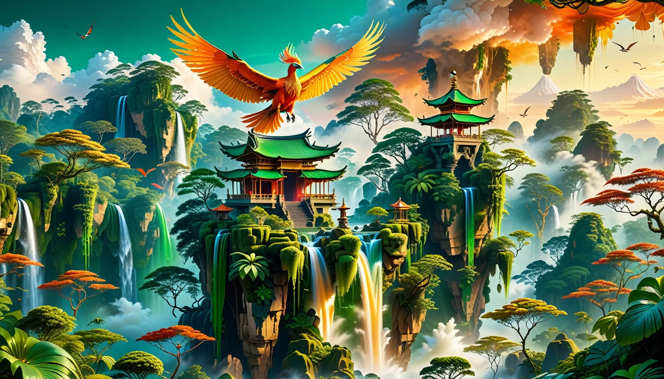 A Masterpiece In 32K Resolution, Supreme Quality, Super Detail, Official Art, Very High-Resolution 32K Wallpaper, Beautiful And Aesthetic, Ultra-Detailed Features, Awe-Inspiring Detail. Floating Islands Hover Above A Dense, Vibrant Rainforest. Waterfalls Spill Into The Thick Greenery Below, Where Exotic Animals Roam Freely. The Sky Is Painted With Shades Of Green And Gold, And Vines Hang From The Floating Islands. In The Distance, A Towering Temple Made Of Moss-Covered Stone Rises From The Jungle. A Majestic Phoenix With Radiant And The Long Tail, Fiery Plumage Soars Gracefully Across The Sky, Its Wings Shimmering With Gold And Crimson Hues As It Glides Above The Treetops.