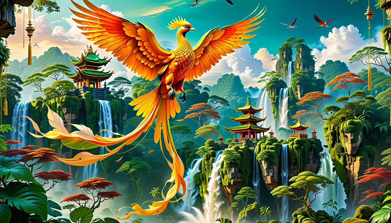 A Masterpiece In 32K Resolution, Supreme Quality, Super Detail, Official Art, Very High-Resolution 32K Wallpaper, Beautiful And Aesthetic, Ultra-Detailed Features, Awe-Inspiring Detail. Floating Islands Hover Above A Dense, Vibrant Rainforest. Waterfalls Spill Into The Thick Greenery Below, Where Exotic Animals Roam Freely. The Sky Is Painted With Shades Of Green And Gold, And Vines Hang From The Floating Islands. In The Distance, A Towering Temple Made Of Moss-Covered Stone Rises From The Jungle. A Majestic Phoenix With Radiant And The Long Tail, Fiery Plumage Soars Gracefully Across The Sky, Its Wings Shimmering With Gold And Crimson Hues As It Glides Above The Treetops.