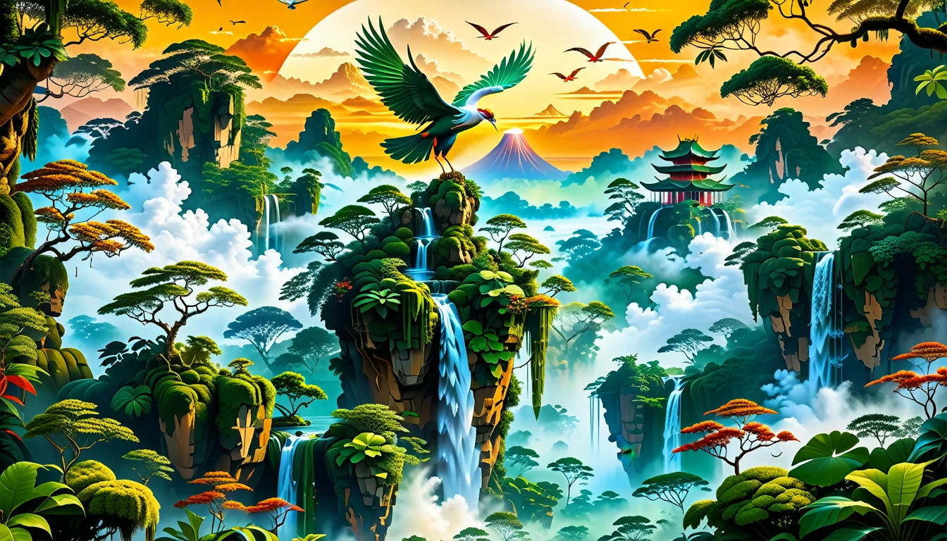 A Masterpiece In 32K Resolution, Supreme Quality, Super Detail, Official Art, Very High-Resolution 32K Wallpaper, Beautiful And Aesthetic, Ultra-Detailed Features, Awe-Inspiring Detail. Floating Islands Hover Above A Dense, Vibrant Rainforest. Waterfalls Spill Into The Thick Greenery Below, Where Exotic Animals Roam Freely. The Sky Is Painted With Shades Of Green And Gold, And Vines Hang From The Floating Islands. In The Distance, A Towering Temple Made Of Moss-Covered Stone Rises From The Jungle. A Majestic Phoenix With Radiant And The Long Tail, Fiery Plumage Soars Gracefully Across The Sky, Its Wings Shimmering With Gold And Crimson Hues As It Glides Above The Treetops.