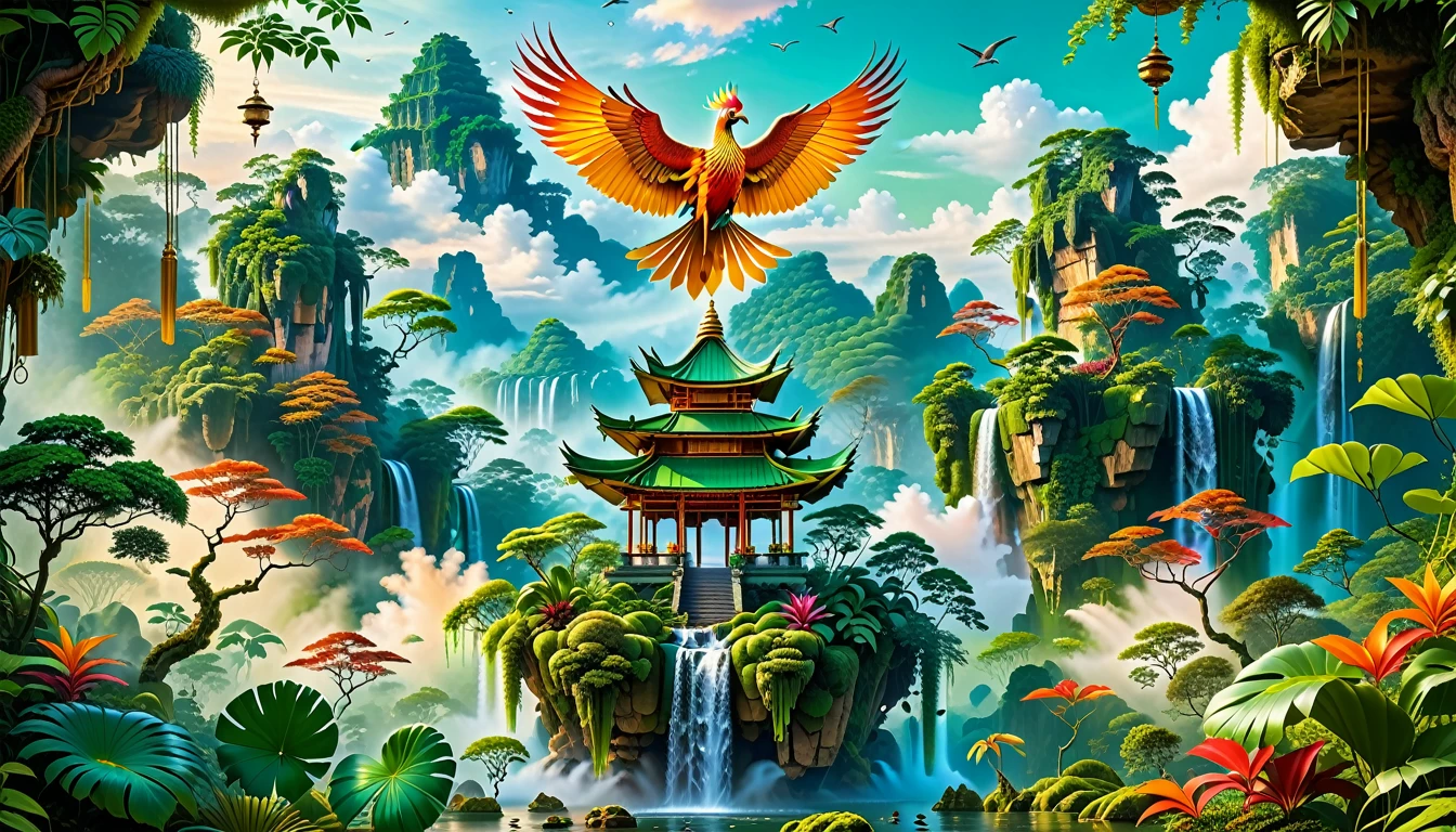 A Masterpiece In 32K Resolution, Supreme Quality, Super Detail, Official Art, Very High-Resolution 32K Wallpaper, Beautiful And Aesthetic, Ultra-Detailed Features, Awe-Inspiring Detail. Floating Islands Hover Above A Dense, Vibrant Rainforest. Waterfalls Spill Into The Thick Greenery Below, Where Exotic Animals Roam Freely. The Sky Is Painted With Shades Of Green And Gold, And Vines Hang From The Floating Islands. In The Distance, A Towering Temple Made Of Moss-Covered Stone Rises From The Jungle. A Majestic Phoenix With Radiant And The Long Tail, Fiery Plumage Soars Gracefully Across The Sky, Its Wings Shimmering With Gold And Crimson Hues As It Glides Above The Treetops.