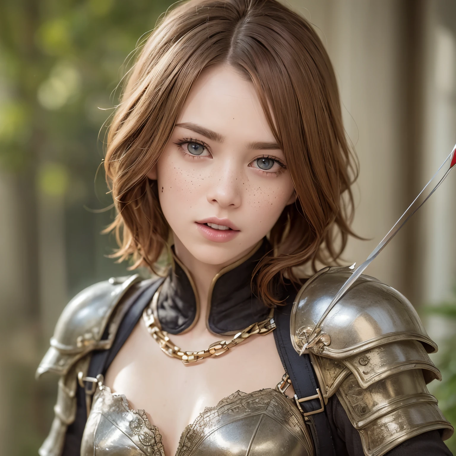 best quality, masterpiece, ultra high res, portrait, (photorealistic: 1.4), raw photo, 1girl, short red hair, realistic hair, panties, detailed facial textures, girl, medieval, light armor, wood detail (archer), short red hair, (cabelo ultra realista), (ultra realistic eyes), (beautiful face) super detailed, beautiful eyes, pretty mouth, small breasts, (only face), green details, (thin), (long branch), few freckles, chainmail, (small bow and arrow), ((naughty face))