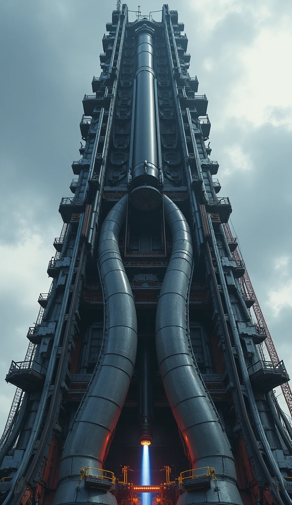 Close up of a heavy rocket launch tower against a sky background,  The rocket launch tower has two mechanical tentacles, one above and one below, to catch the landing rocket.，Ultra-high detail,massive construction machines,Above the launch tower is the base of a descending black rocket.，Rocket touches blue flame，Musk&#39;s Starship launch