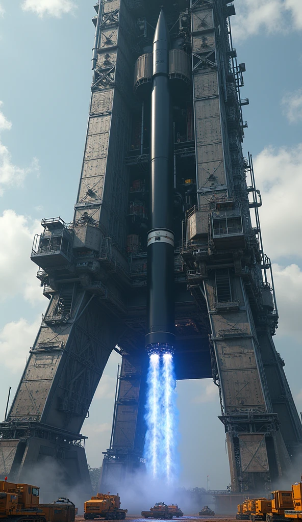 Close up of a heavy rocket launch tower against a sky background,  The rocket launch tower has two mechanical tentacles, one above and one below, to catch the landing rocket.，Ultra-high detail,massive construction machines,Above the launch tower is the base of a descending black rocket.，Rocket touches blue flame，Musk&#39;s Starship launch