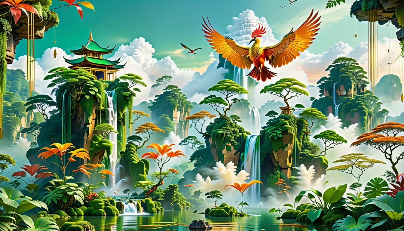 A Masterpiece In 32K Resolution, Supreme Quality, Super Detail, Official Art, Very High-Resolution 32K Wallpaper, Beautiful And Aesthetic, Ultra-Detailed Features, Awe-Inspiring Detail. Floating Islands Hover Above A Dense, Vibrant Rainforest. Waterfalls Spill Into The Thick Greenery Below, Where Exotic Animals Roam Freely. The Sky Is Painted With Shades Of Green And Gold, And Vines Hang From The Floating Islands. In The Distance, A Towering Temple Made Of Moss-Covered Stone Rises From The Jungle. A Majestic Phoenix With Radiant And The Long Tail, Fiery Plumage Soars Gracefully Across The Sky, Its Wings Shimmering With Gold And Crimson Hues As It Glides Above The Treetops.