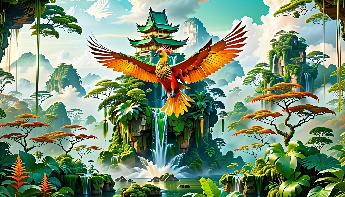 A Masterpiece In 32K Resolution, Supreme Quality, Super Detail, Official Art, Very High-Resolution 32K Wallpaper, Beautiful And Aesthetic, Ultra-Detailed Features, Awe-Inspiring Detail. Floating Islands Hover Above A Dense, Vibrant Rainforest. Waterfalls Spill Into The Thick Greenery Below, Where Exotic Animals Roam Freely. The Sky Is Painted With Shades Of Green And Gold, And Vines Hang From The Floating Islands. In The Distance, A Towering Temple Made Of Moss-Covered Stone Rises From The Jungle. A Majestic Phoenix With Radiant And The Long Tail, Fiery Plumage Soars Gracefully Across The Sky, Its Wings Shimmering With Gold And Crimson Hues As It Glides Above The Treetops.