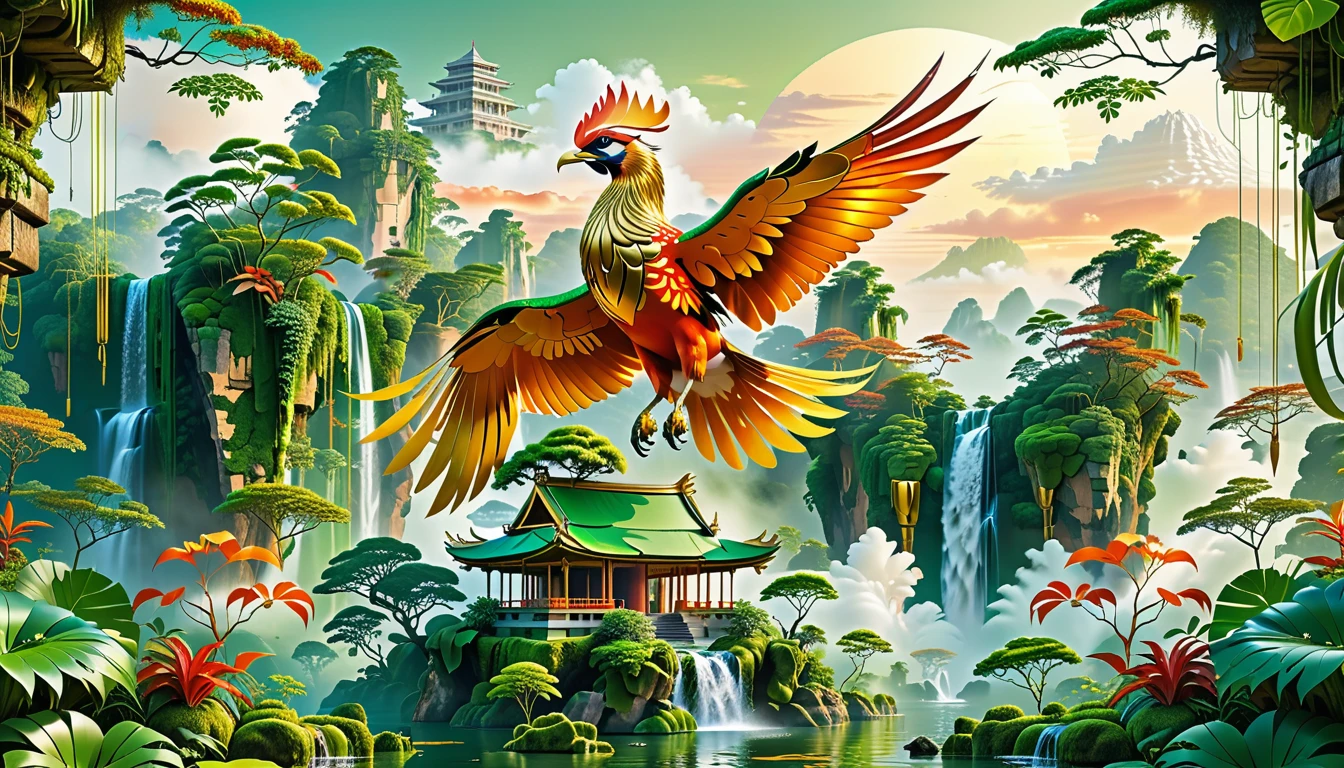 A Masterpiece In 32K Resolution, Supreme Quality, Super Detail, Official Art, Very High-Resolution 32K Wallpaper, Beautiful And Aesthetic, Ultra-Detailed Features, Awe-Inspiring Detail. Floating Islands Hover Above A Dense, Vibrant Rainforest. Waterfalls Spill Into The Thick Greenery Below, Where Exotic Animals Roam Freely. The Sky Is Painted With Shades Of Green And Gold, And Vines Hang From The Floating Islands. In The Distance, A Towering Temple Made Of Moss-Covered Stone Rises From The Jungle. A Majestic Phoenix With Radiant And The Long Tail, Fiery Plumage Soars Gracefully Across The Sky, Its Wings Shimmering With Gold And Crimson Hues As It Glides Above The Treetops.