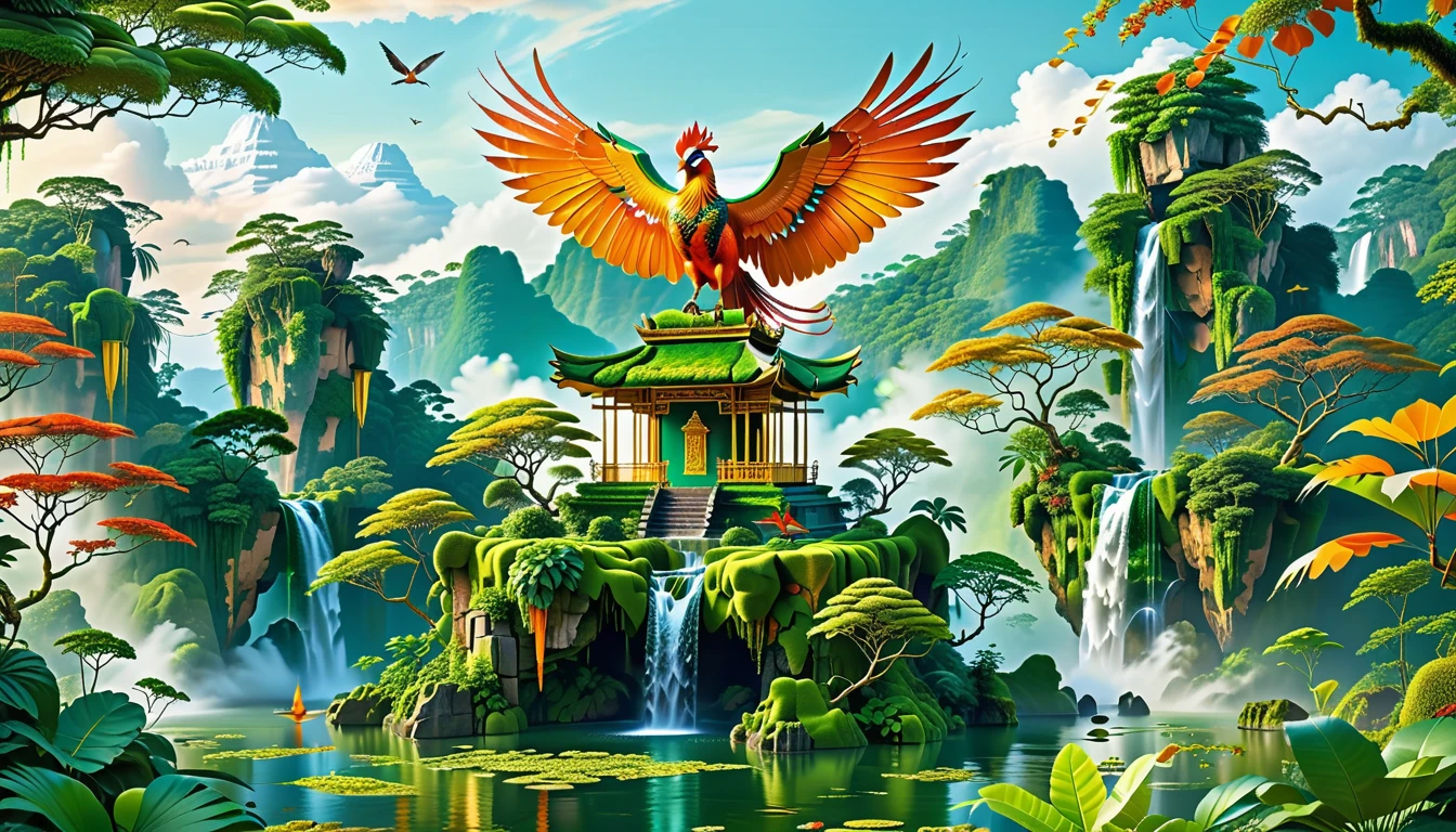 A Masterpiece In 32K Resolution, Supreme Quality, Super Detail, Official Art, Very High-Resolution 32K Wallpaper, Beautiful And Aesthetic, Ultra-Detailed Features, Awe-Inspiring Detail. Floating Islands Hover Above A Dense, Vibrant Rainforest. Waterfalls Spill Into The Thick Greenery Below, Where Exotic Animals Roam Freely. The Sky Is Painted With Shades Of Green And Gold, And Vines Hang From The Floating Islands. In The Distance, A Towering Temple Made Of Moss-Covered Stone Rises From The Jungle. A Majestic Phoenix With Radiant And The Long Tail, Fiery Plumage Soars Gracefully Across The Sky, Its Wings Shimmering With Gold And Crimson Hues As It Glides Above The Treetops.