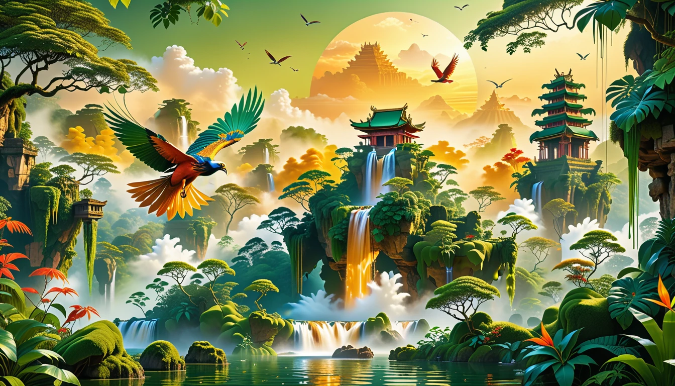 A Masterpiece In 32K Resolution, Supreme Quality, Super Detail, Official Art, Very High-Resolution 32K Wallpaper, Beautiful And Aesthetic, Ultra-Detailed Features, Awe-Inspiring Detail. Floating Islands Hover Above A Dense, Vibrant Rainforest. Waterfalls Spill Into The Thick Greenery Below, Where Exotic Animals Roam Freely. The Sky Is Painted With Shades Of Green And Gold, And Vines Hang From The Floating Islands. In The Distance, A Towering Temple Made Of Moss-Covered Stone Rises From The Jungle. A Majestic Phoenix With Radiant And The Long Tail, Fiery Plumage Soars Gracefully Across The Sky, Its Wings Shimmering With Gold And Crimson Hues As It Glides Above The Treetops.