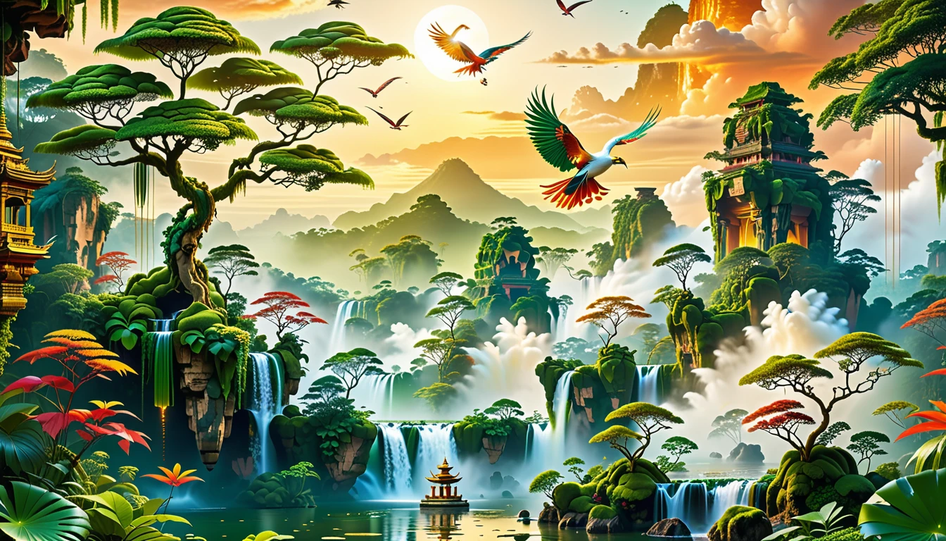 A Masterpiece In 32K Resolution, Supreme Quality, Super Detail, Official Art, Very High-Resolution 32K Wallpaper, Beautiful And Aesthetic, Ultra-Detailed Features, Awe-Inspiring Detail. Floating Islands Hover Above A Dense, Vibrant Rainforest. Waterfalls Spill Into The Thick Greenery Below, Where Exotic Animals Roam Freely. The Sky Is Painted With Shades Of Green And Gold, And Vines Hang From The Floating Islands. In The Distance, A Towering Temple Made Of Moss-Covered Stone Rises From The Jungle. A Majestic Phoenix With Radiant And The Long Tail, Fiery Plumage Soars Gracefully Across The Sky, Its Wings Shimmering With Gold And Crimson Hues As It Glides Above The Treetops.