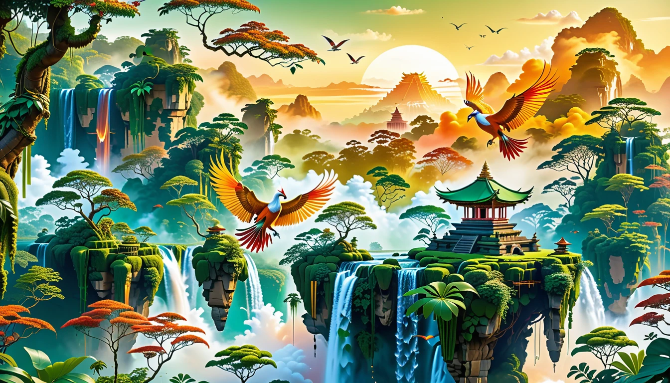 A Masterpiece In 32K Resolution, Supreme Quality, Super Detail, Official Art, Very High-Resolution 32K Wallpaper, Beautiful And Aesthetic, Ultra-Detailed Features, Awe-Inspiring Detail. Floating Islands Hover Above A Dense, Vibrant Rainforest. Waterfalls Spill Into The Thick Greenery Below, Where Exotic Animals Roam Freely. The Sky Is Painted With Shades Of Green And Gold, And Vines Hang From The Floating Islands. In The Distance, A Towering Temple Made Of Moss-Covered Stone Rises From The Jungle. A Majestic Phoenix With Radiant And The Long Tail, Fiery Plumage Soars Gracefully Across The Sky, Its Wings Shimmering With Gold And Crimson Hues As It Glides Above The Treetops.